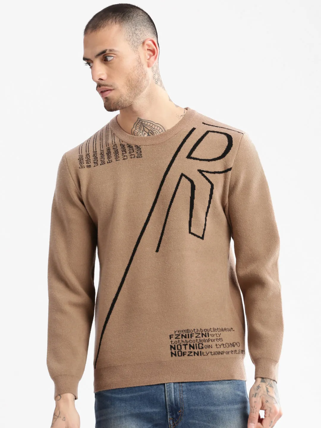 Biodegradable Fiber Blend FourWay Stretch Men's Brown Round Neck Long Sleeves Typography Pullover