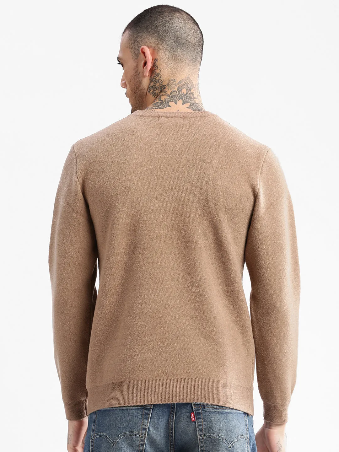 Drop Shoulder Breathable Yarn Men's Brown Round Neck Long Sleeves Typography Pullover