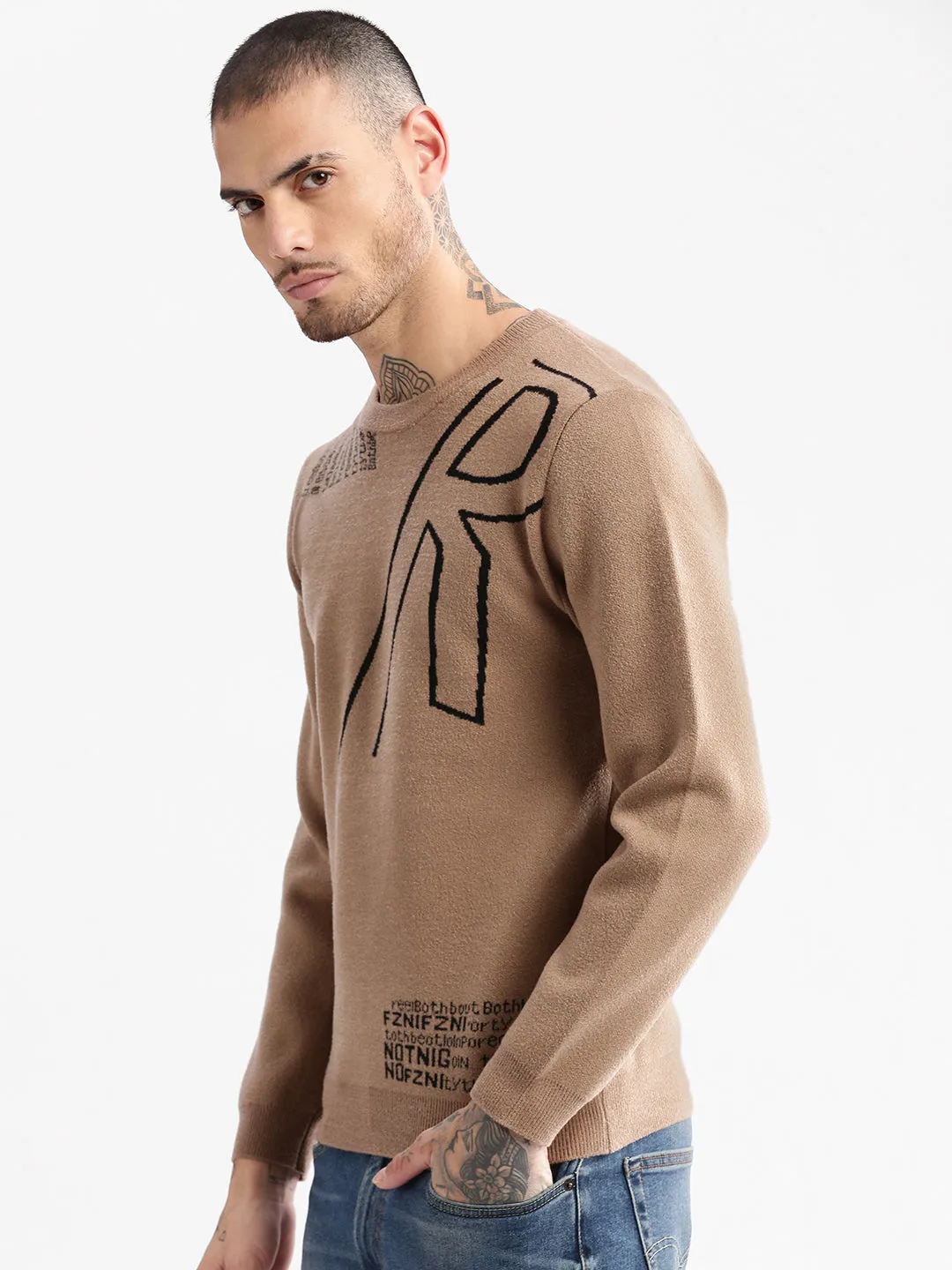 Men's Brown Round Neck Long Sleeves Typography Pullover Oversized Fit Essential Layer