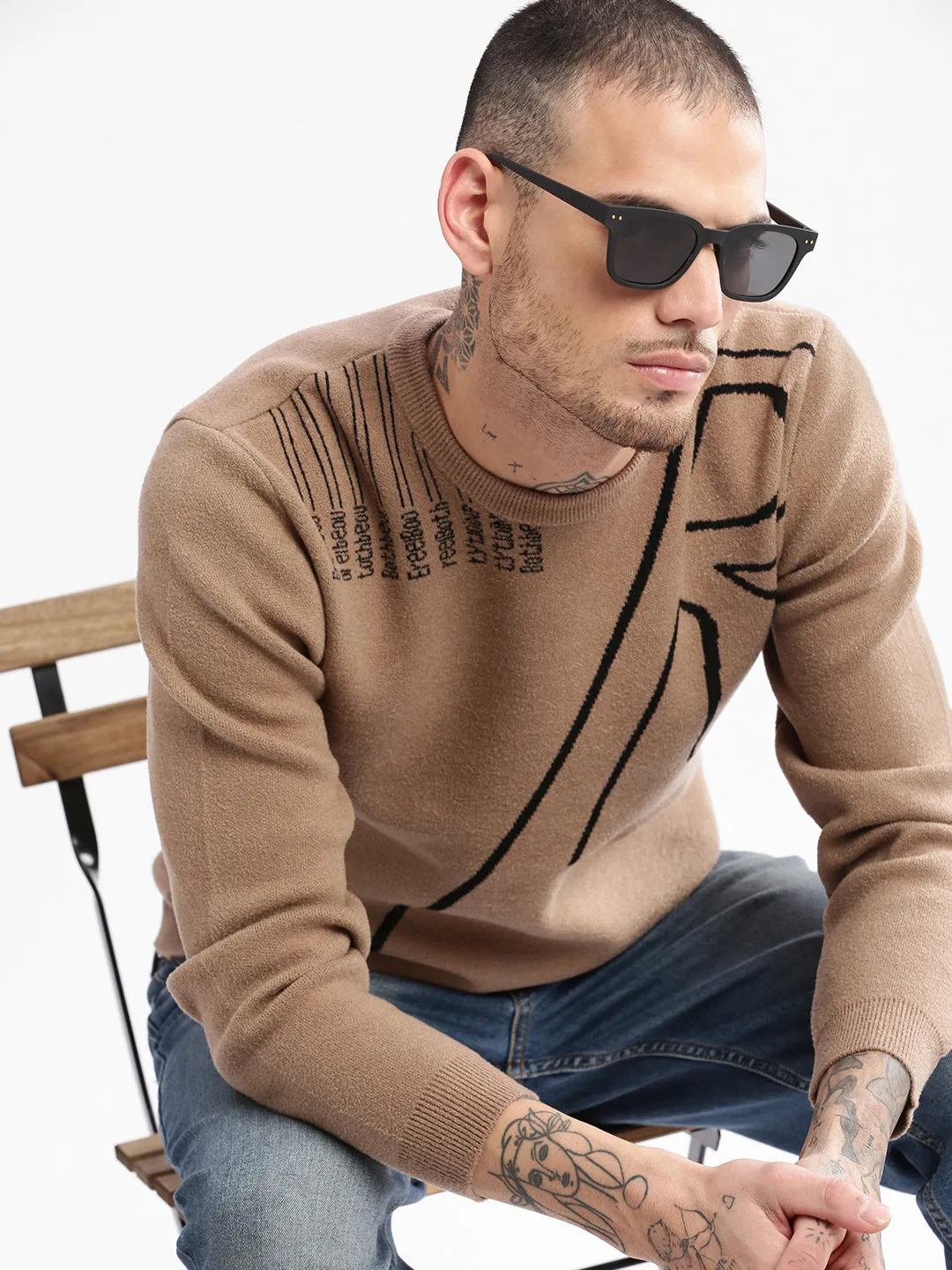 Diagonal Pocket Placement Soft Layer Men's Brown Round Neck Long Sleeves Typography Pullover