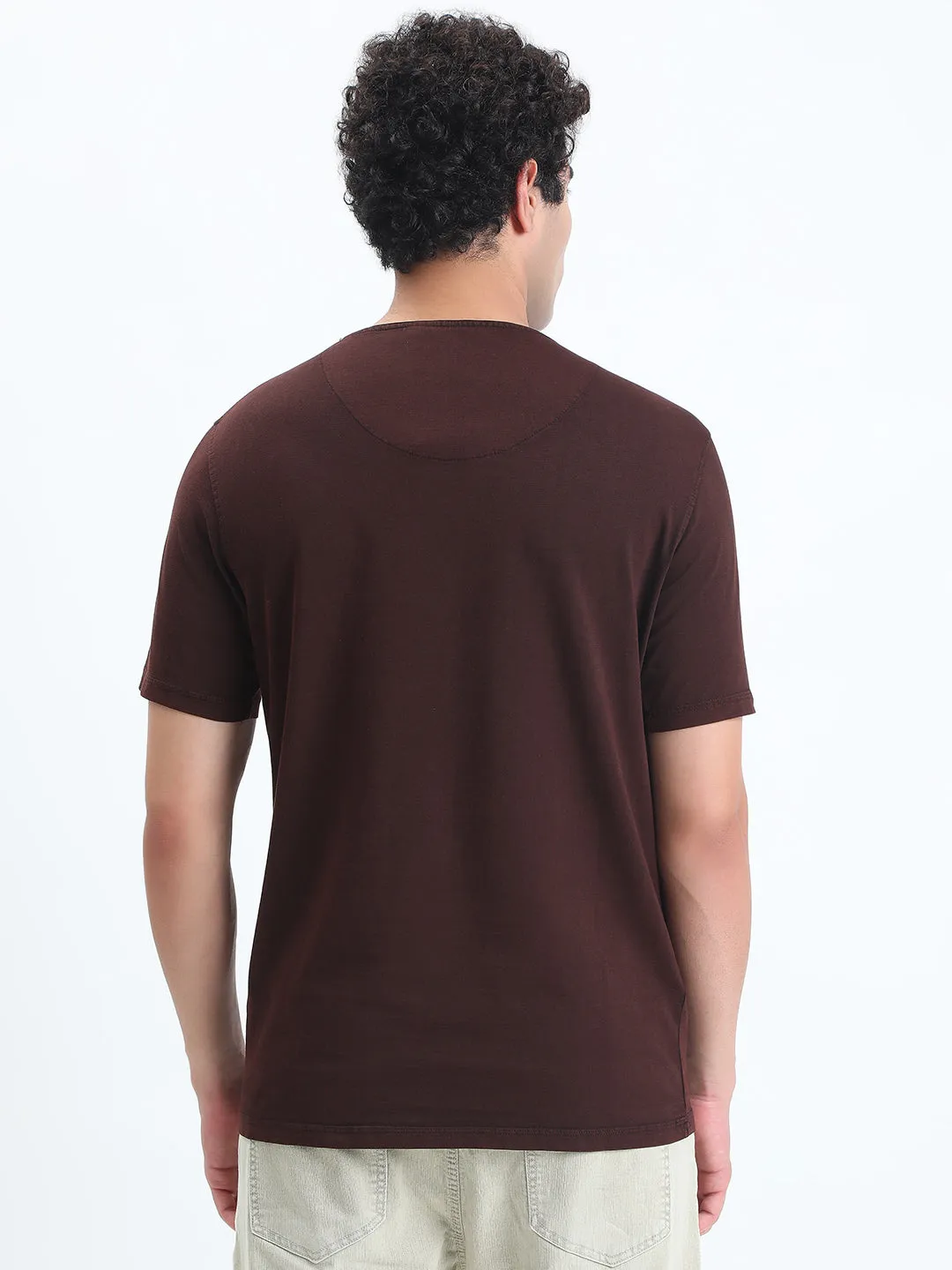 Magnetic Closure Road Look Men's Brown Round Neck Regular Fit T-Shirt