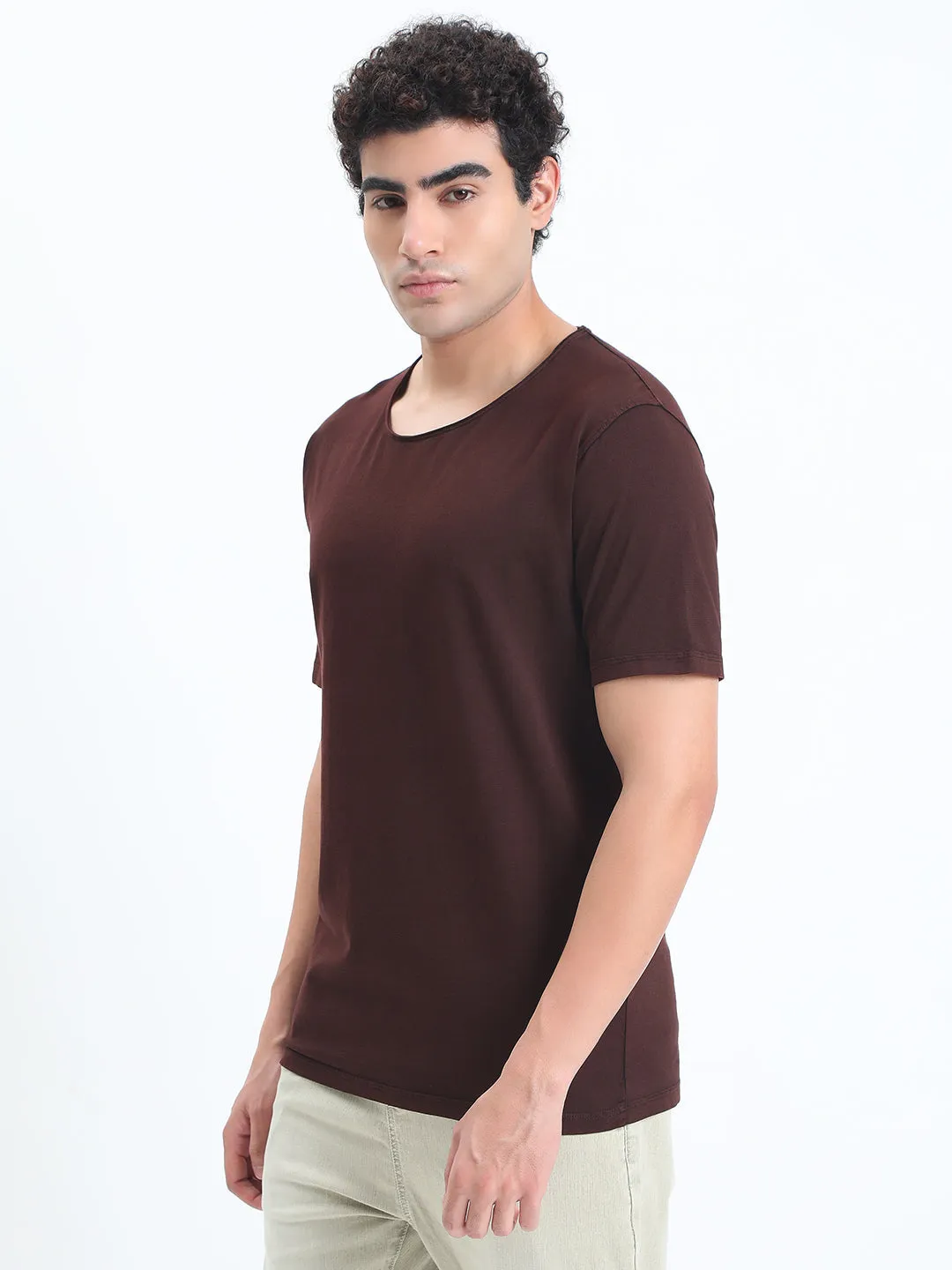 Men's Brown Round Neck Regular Fit T-Shirt StaticFreeLining Breathable mesh lining