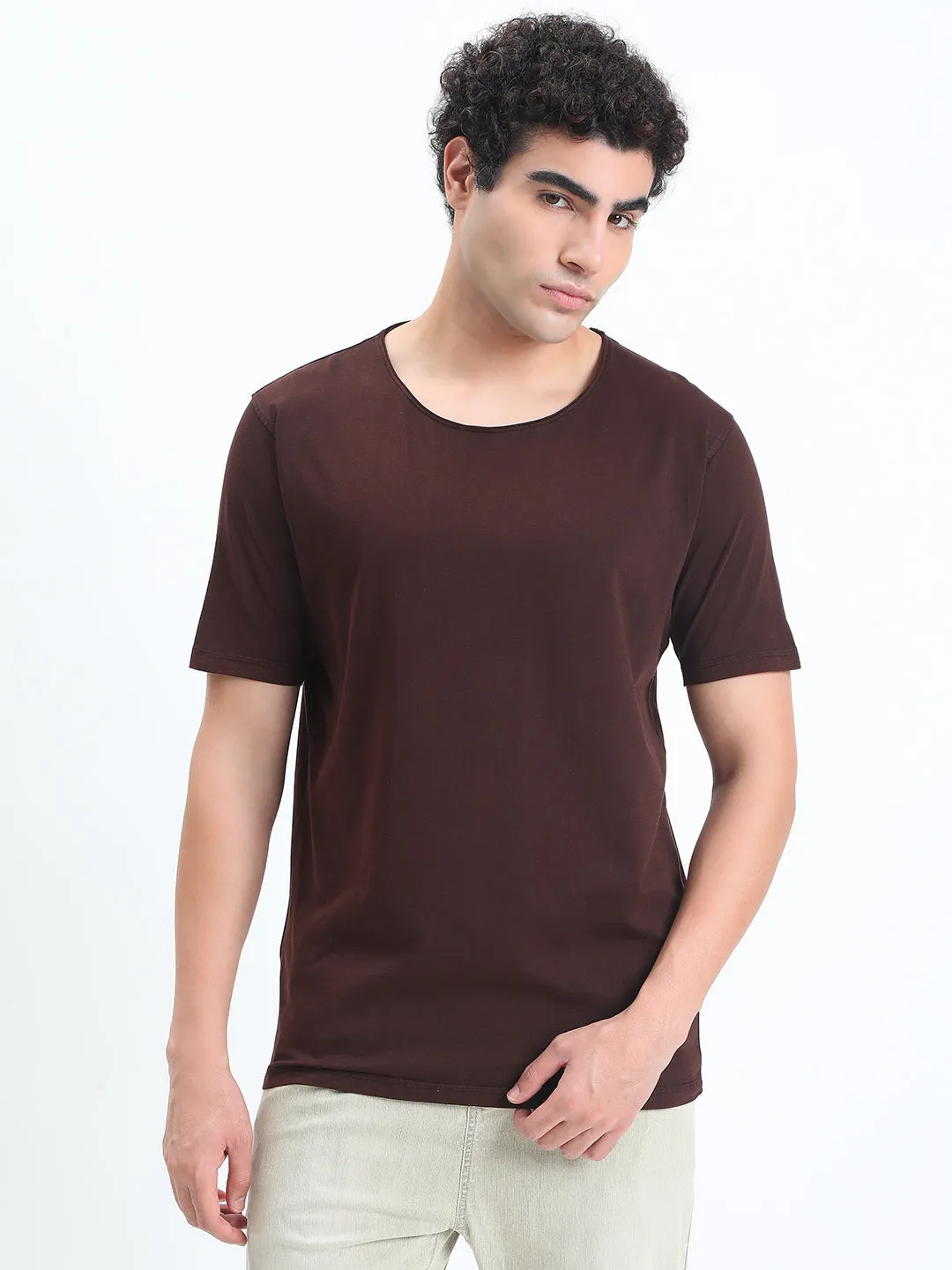 Soft Motion Beach Ready Men's Brown Round Neck Regular Fit T-Shirt