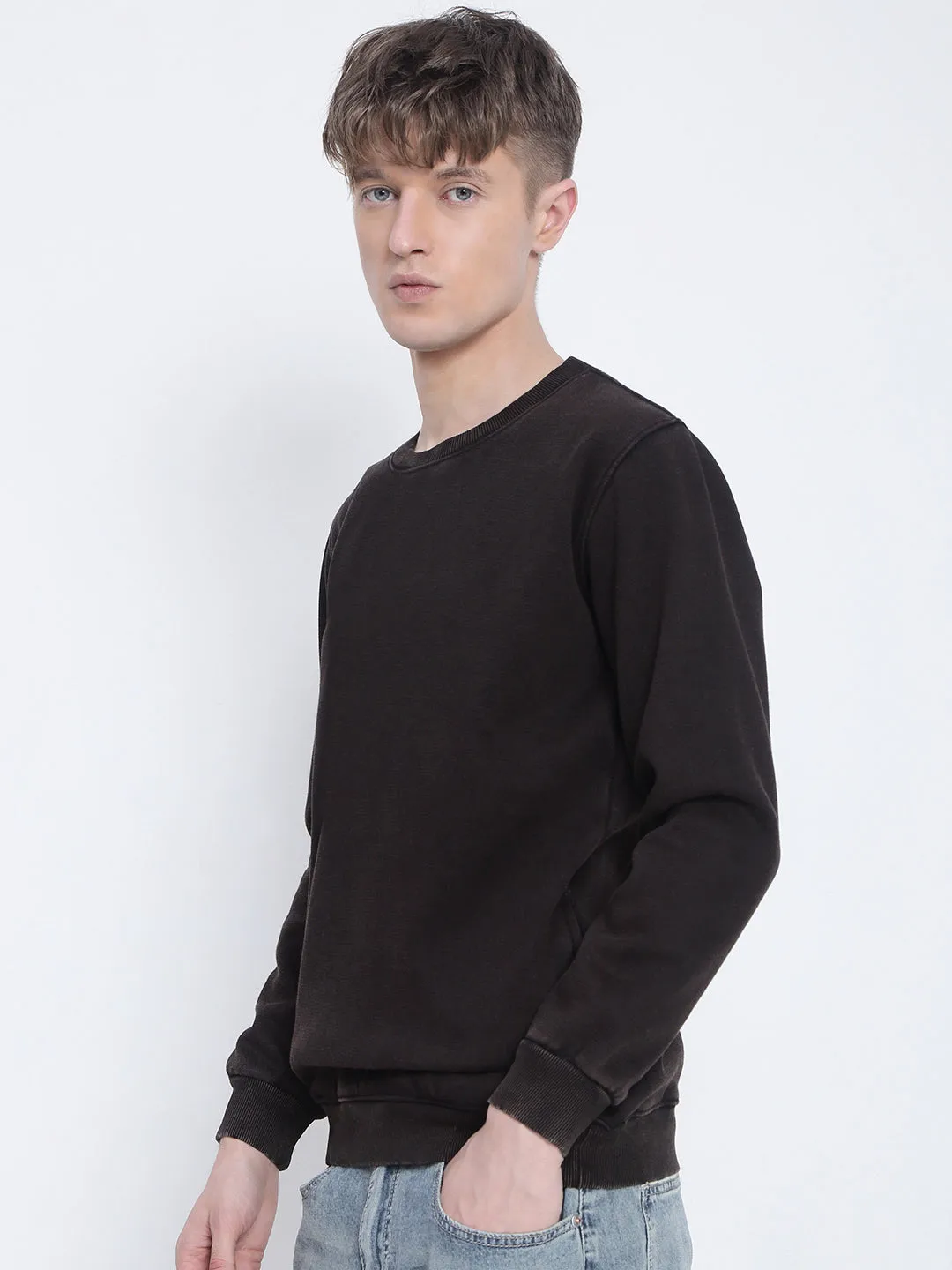 Drawstring Men's Brown Round Neck Sweatshirt