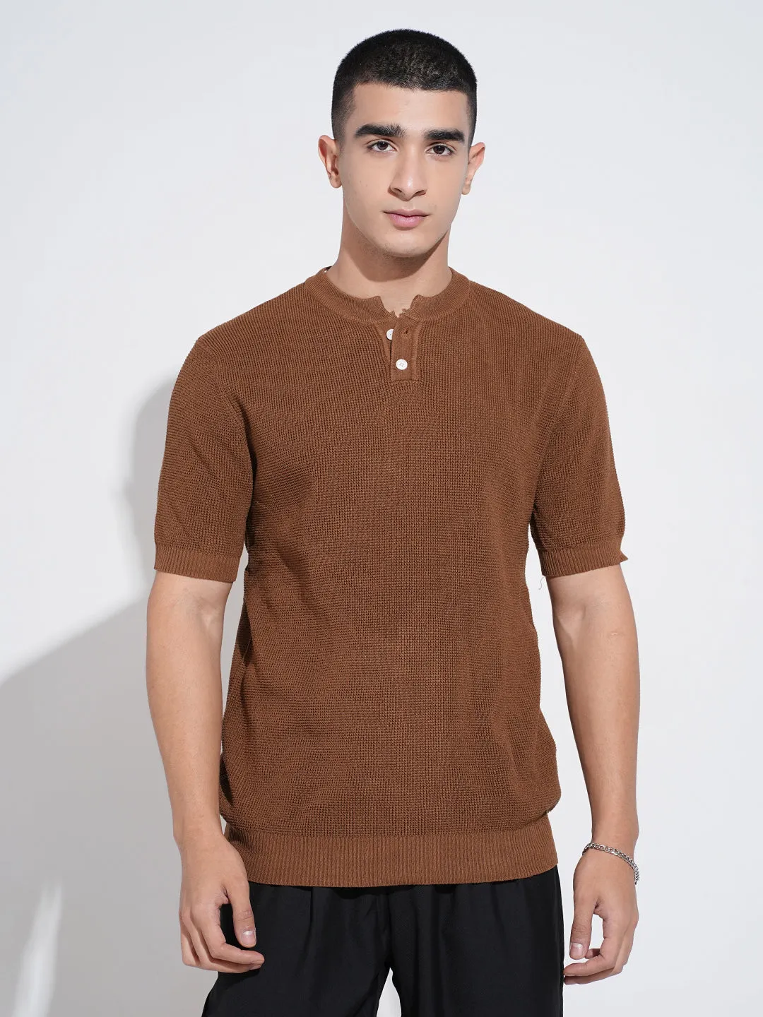 AntiPillingCloth Men's Brown Short Sleeves Henley Neck Regular Fit T-Shirt