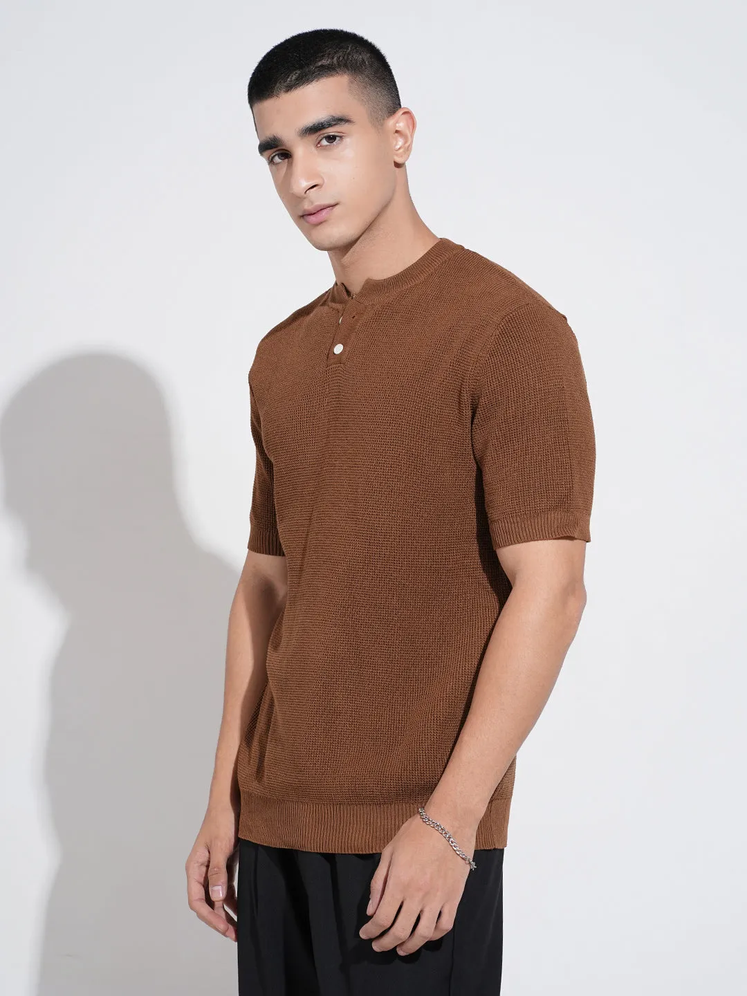 Movement Friendly Men's Brown Short Sleeves Henley Neck Regular Fit T-Shirt
