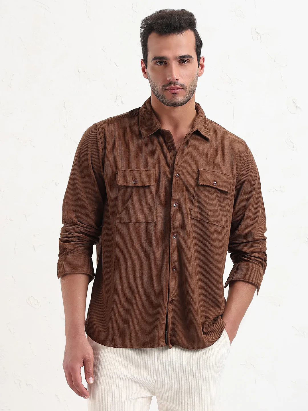 Men's Brown Solid Corduroy Relaxed Fit Shirt StretchableFabric