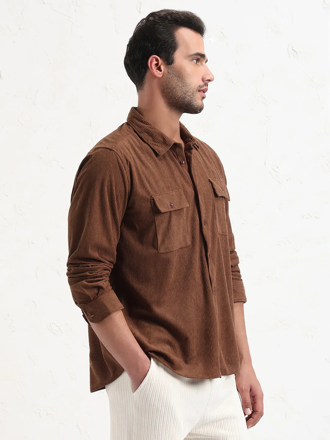 Meeting Ready AdjustableWaist Men's Brown Solid Corduroy Relaxed Fit Shirt
