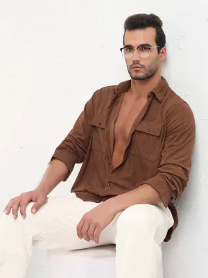 Men's Brown Solid Corduroy Relaxed Fit Shirt Casual Chic