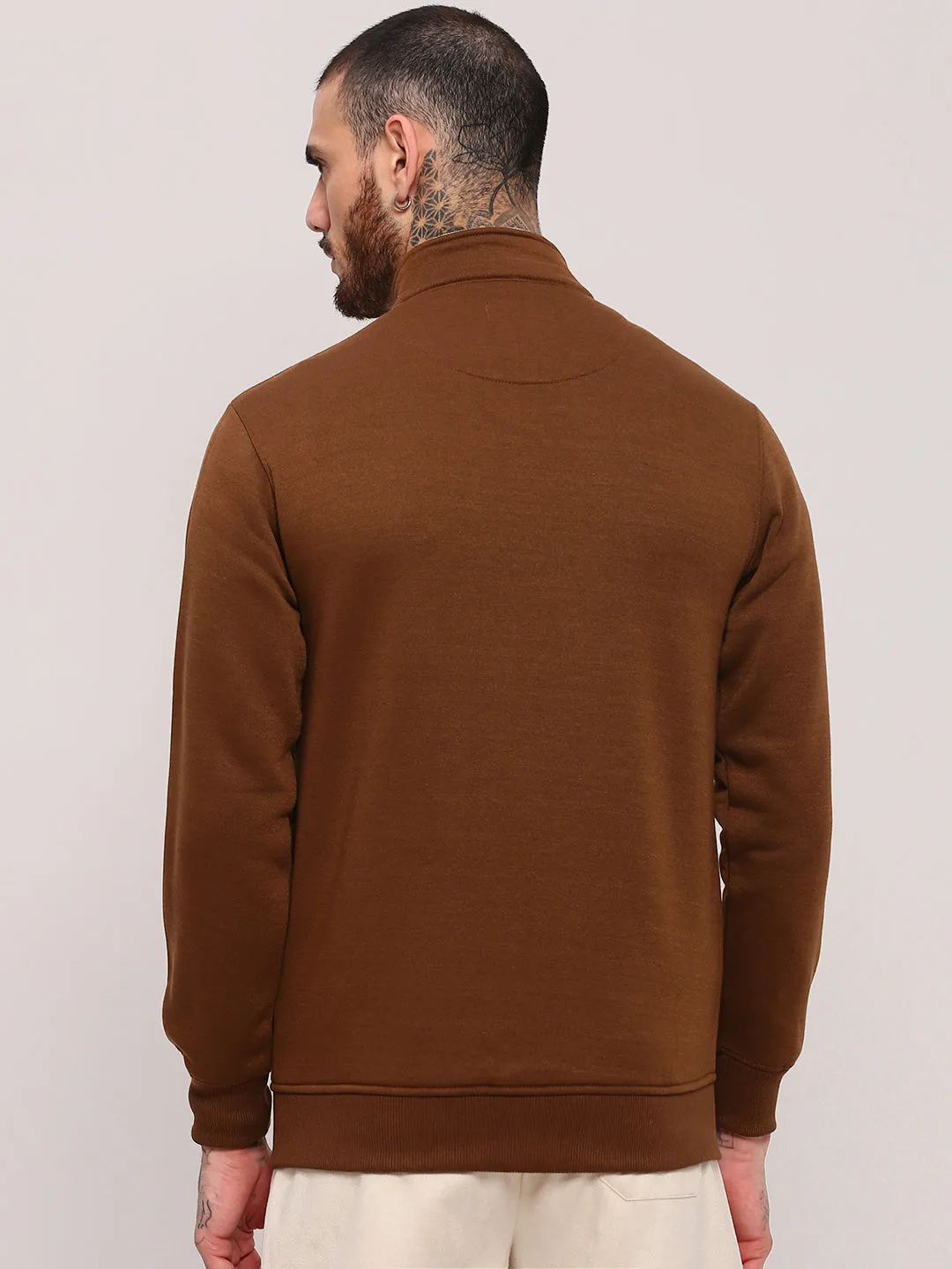 Men's Brown Solid Mandarin Collar Sweatshirt Cozy Layers Classic Layering