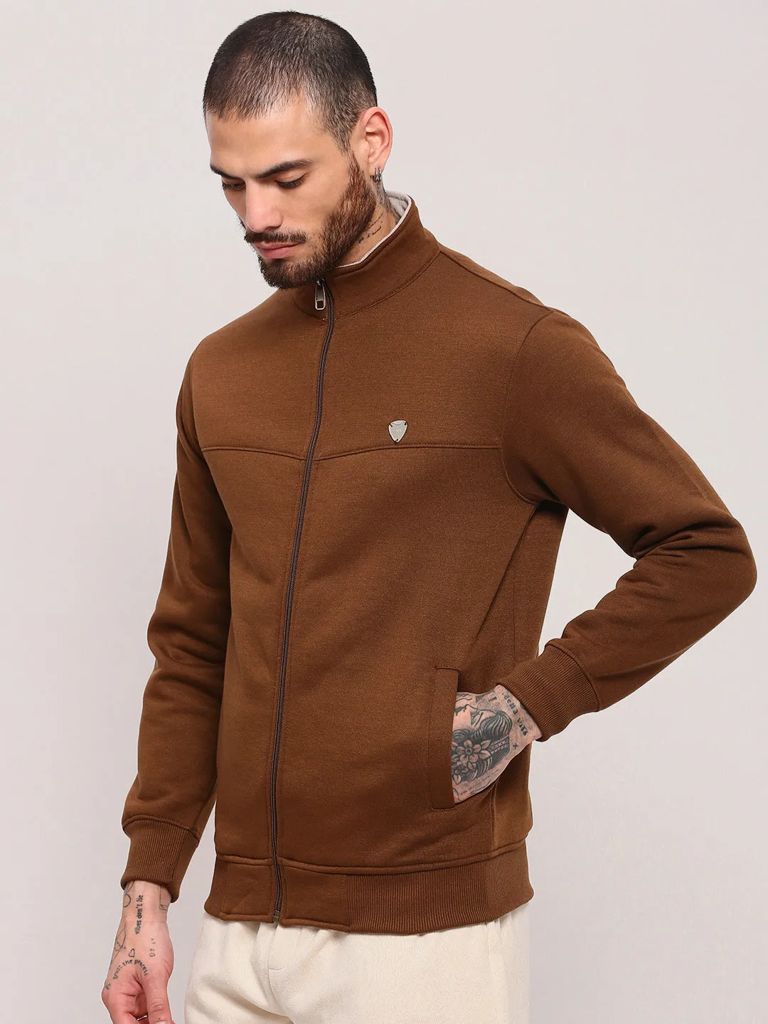 Light Color Men's Brown Solid Mandarin Collar Sweatshirt