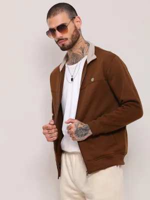 Men's Brown Solid Mandarin Collar Sweatshirt Streetwear Basics
