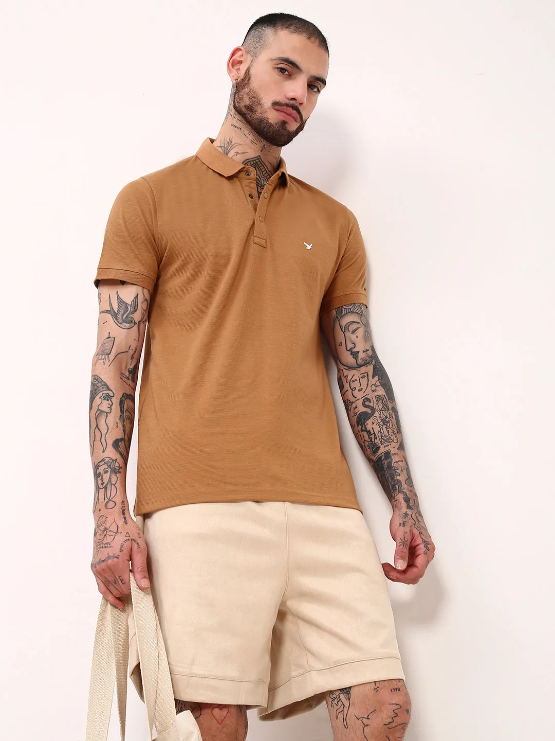 Men's Brown Solid Polo Collar Slim Fit T-Shirt loop accents Outdoor Sporty