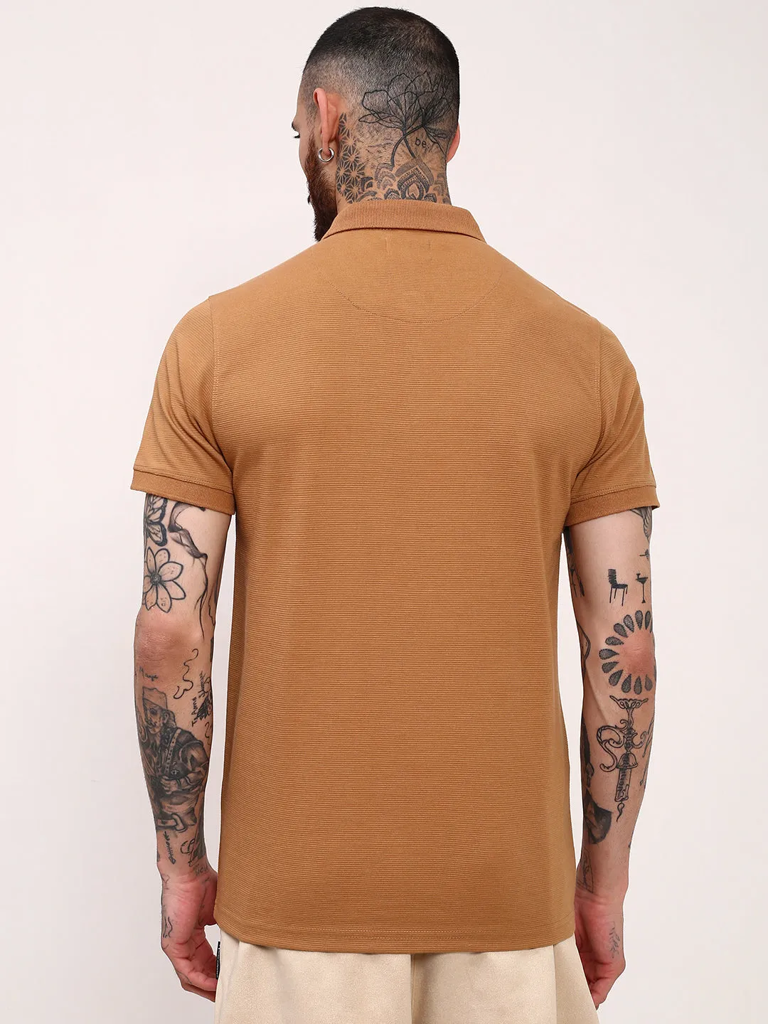 Fashion Relaxed Men's Brown Solid Polo Collar Slim Fit T-Shirt