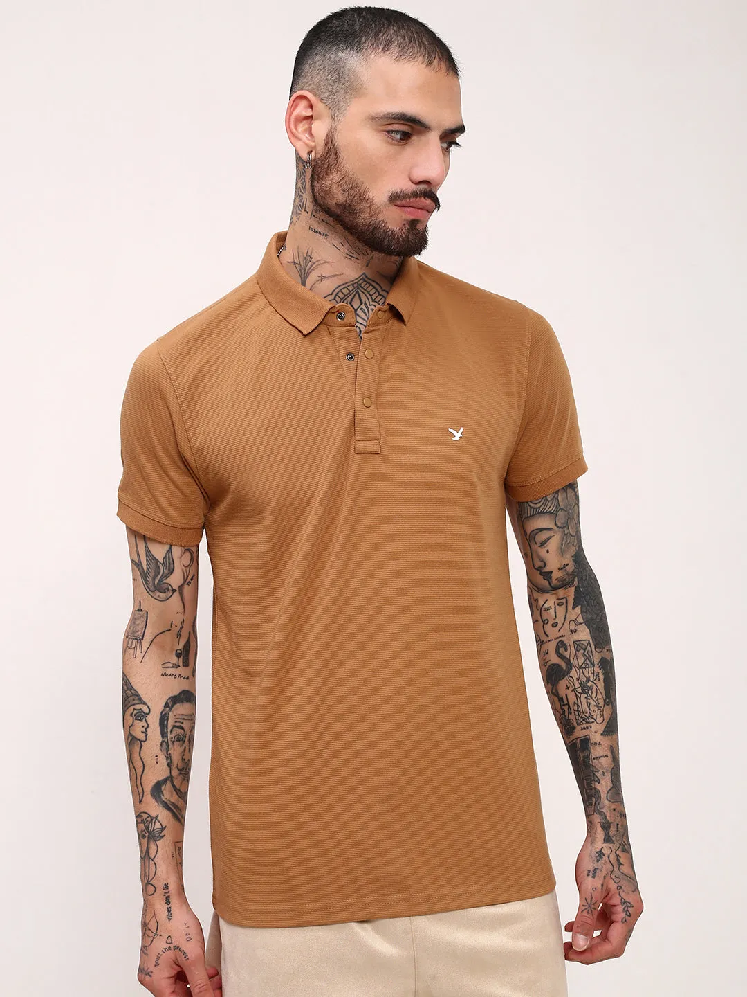 Men's Brown Solid Polo Collar Slim Fit T-Shirt Warm Layers