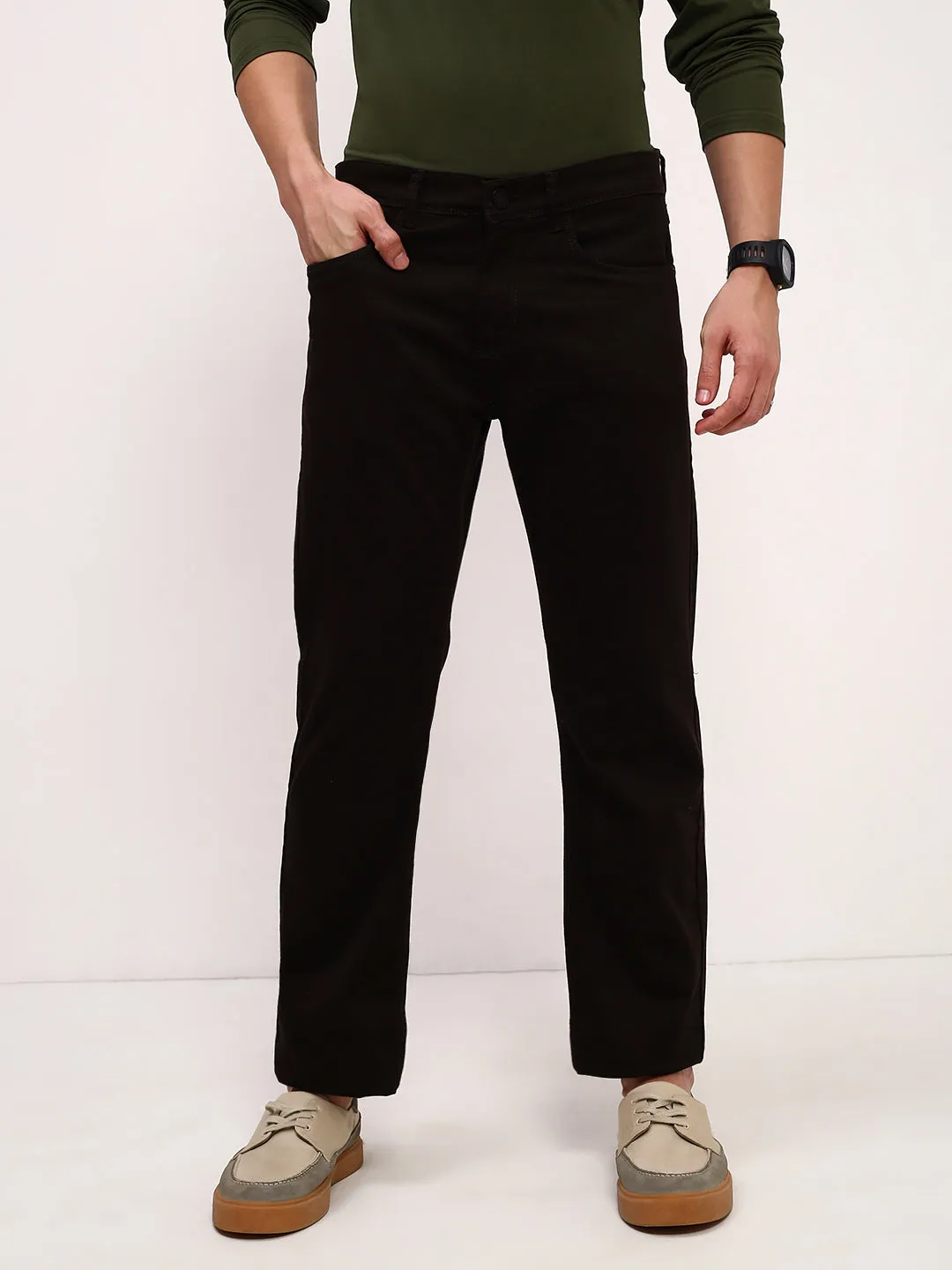 Essential Style Fashion Uniform Men's Brown Solid Straight Fit Jeans