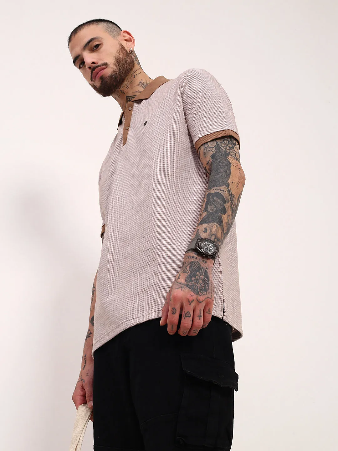 Men's Brown Solid T-Shirt Polka Dot