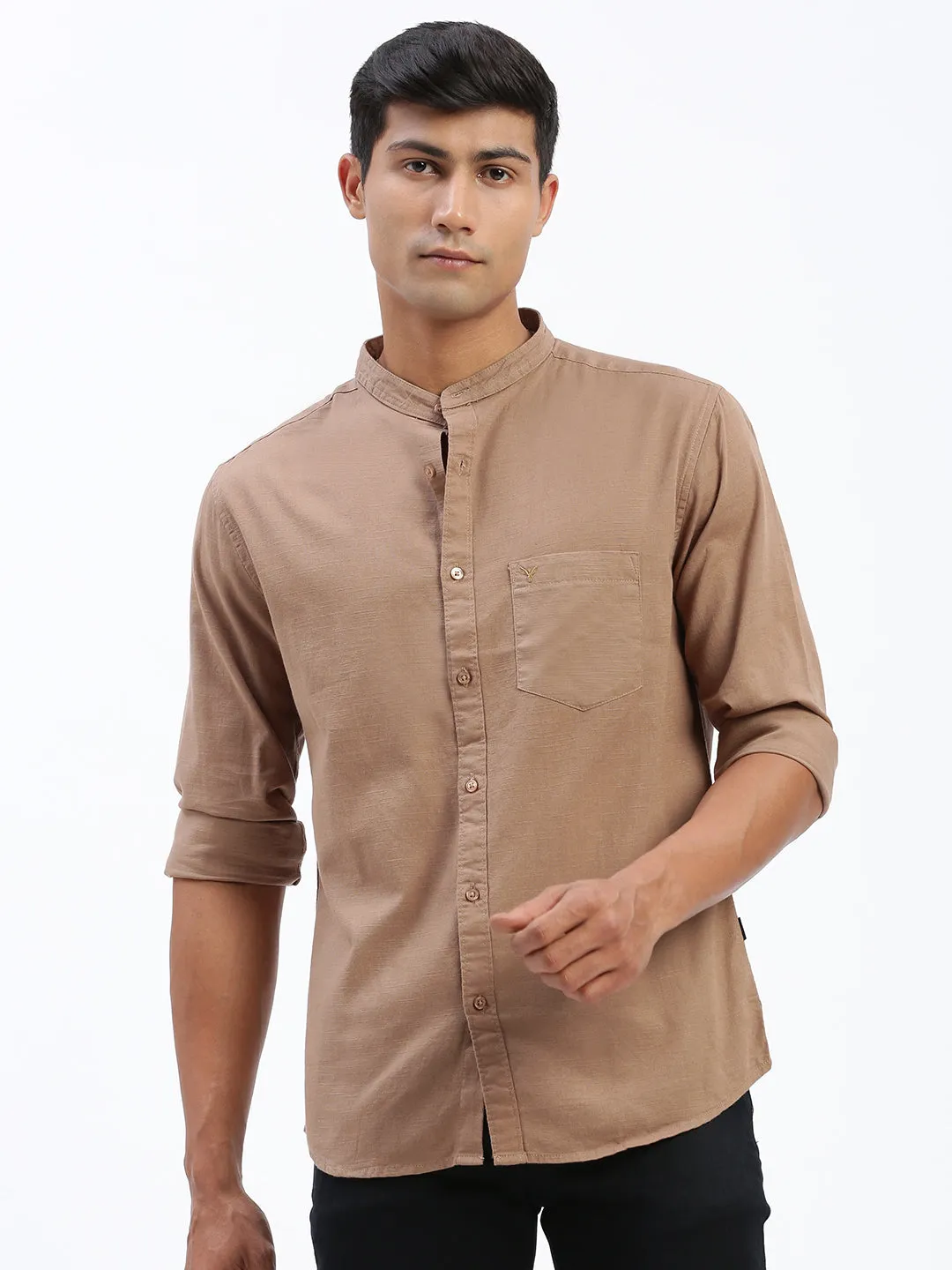 Adjustable Hem Thermal Insulation Layer Men's Brown Standard Band Collar Solid Linen Casual Shirt