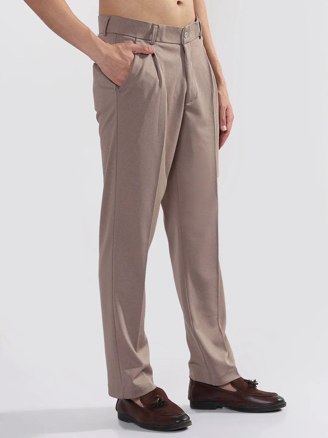Men's Brown Straight Fit Formal Trouser Layering Essential Barrel Waist