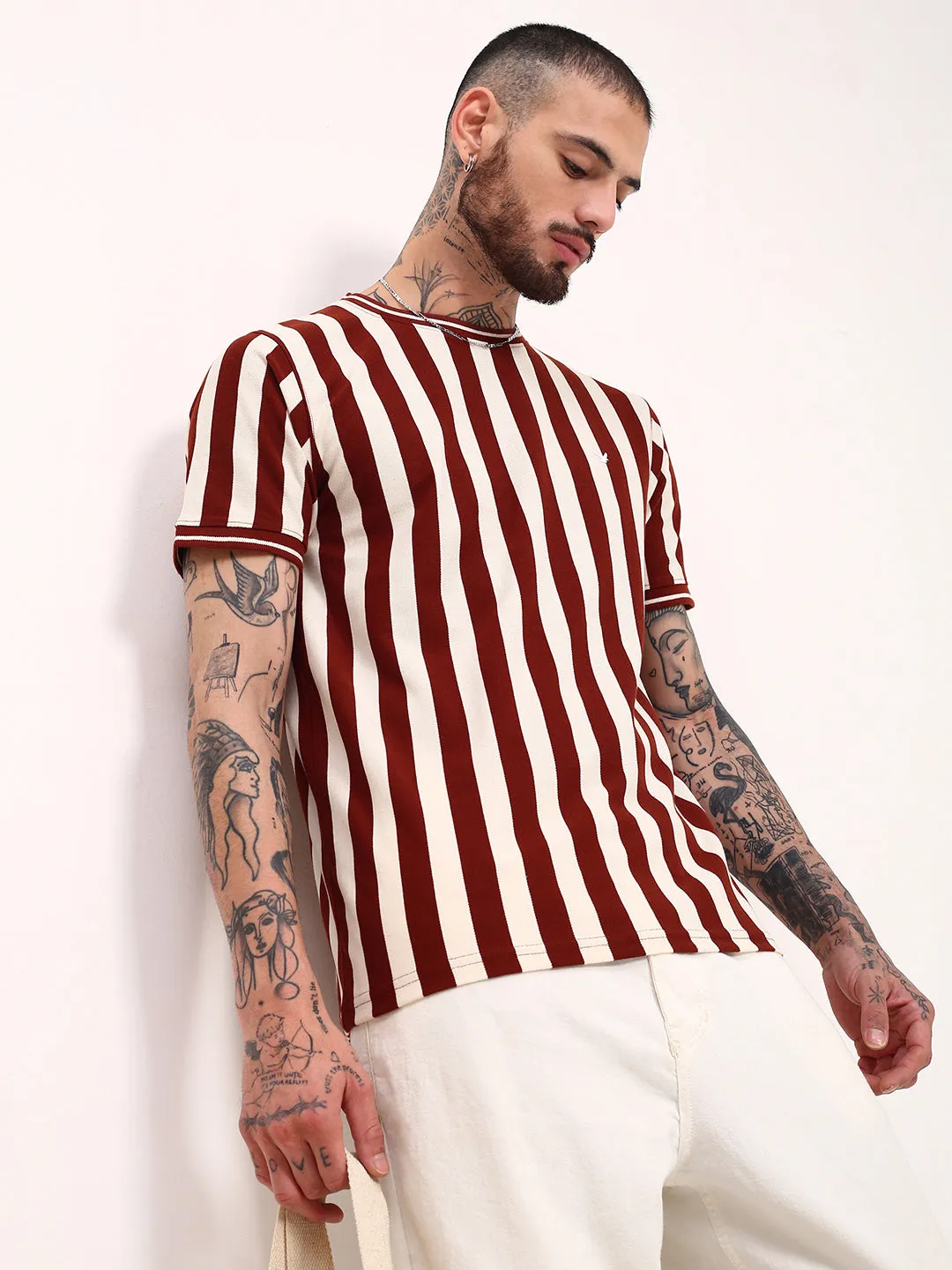 Men's Brown Striped Round Neck Cotton T-Shirt Relaxed Hoodie product sustainability impact