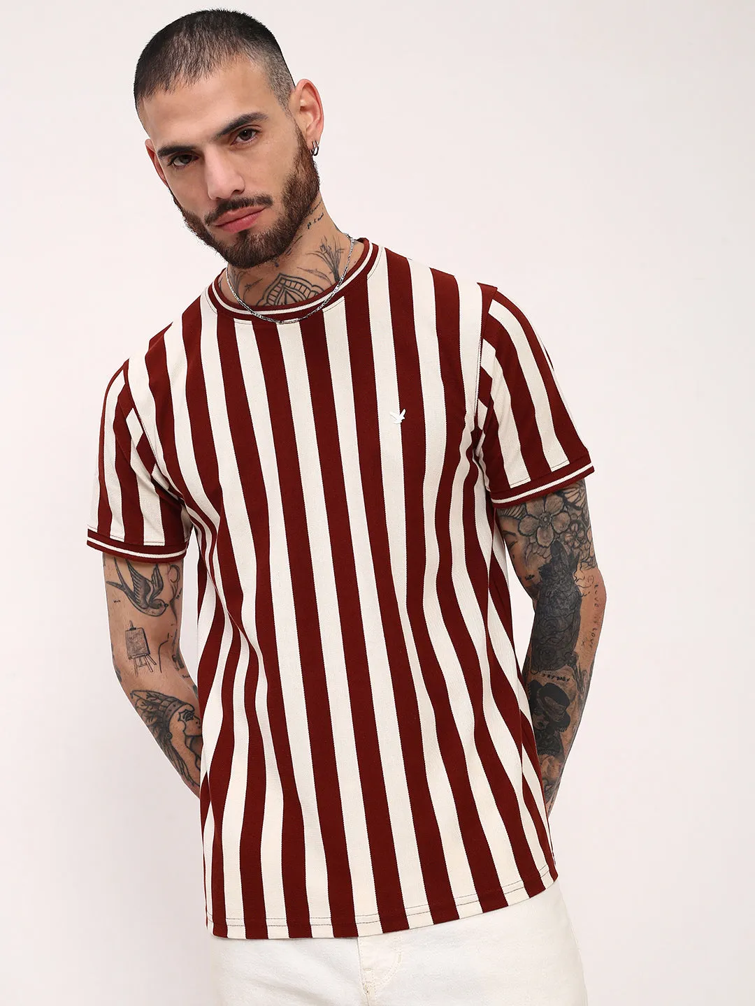 Men's Brown Striped Round Neck Cotton T-Shirt Layered Look packable