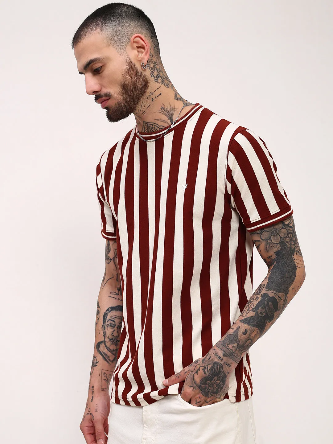 product home friendly comfort product belt definition Men's Brown Striped Round Neck Cotton T-Shirt