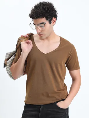 Men's Brown V-Neck Regular Fit T-Shirt Harbor Style AntiBacterialTreatment
