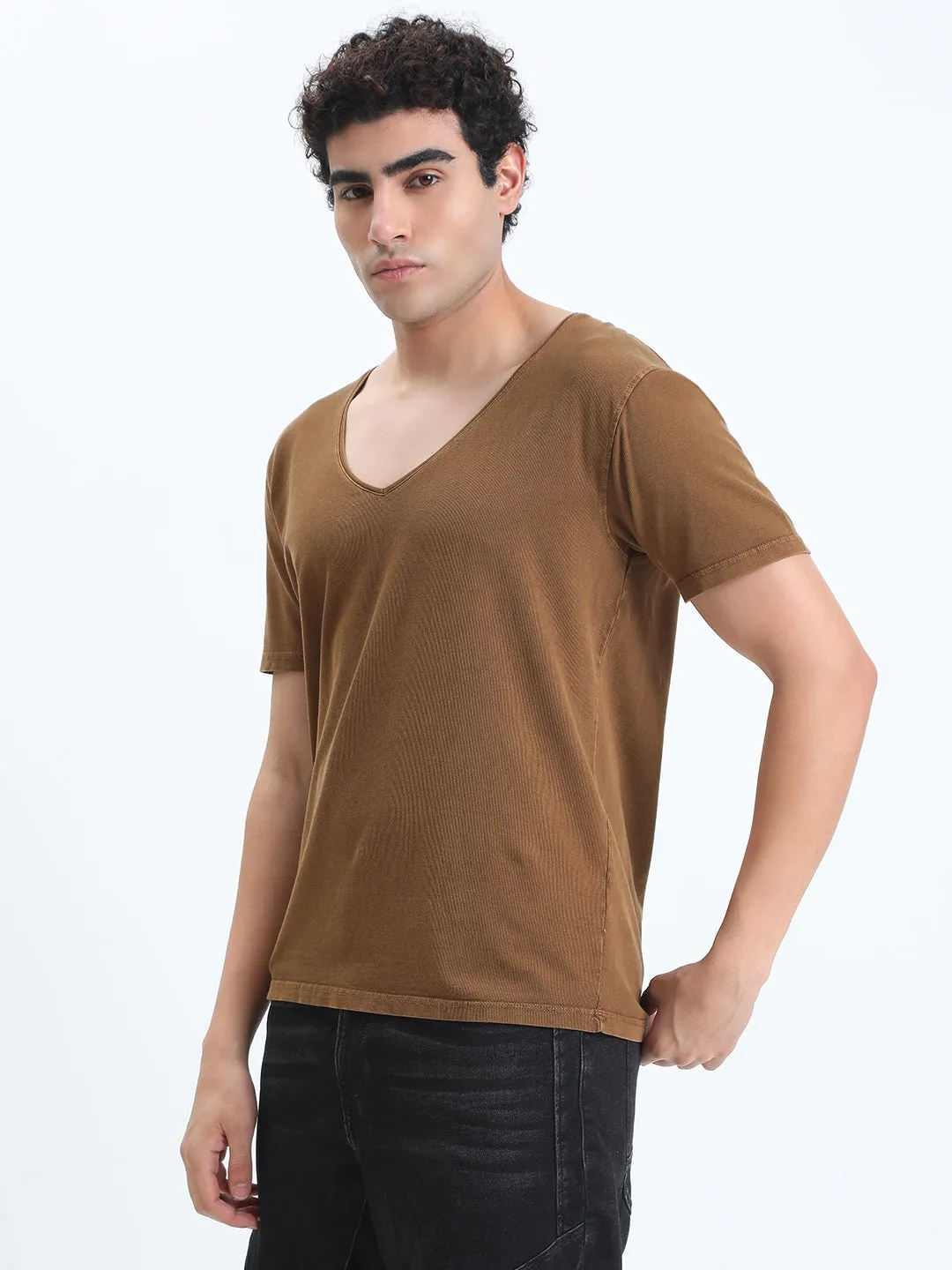 Men's Brown V-Neck Regular Fit T-Shirt Durable Stitching