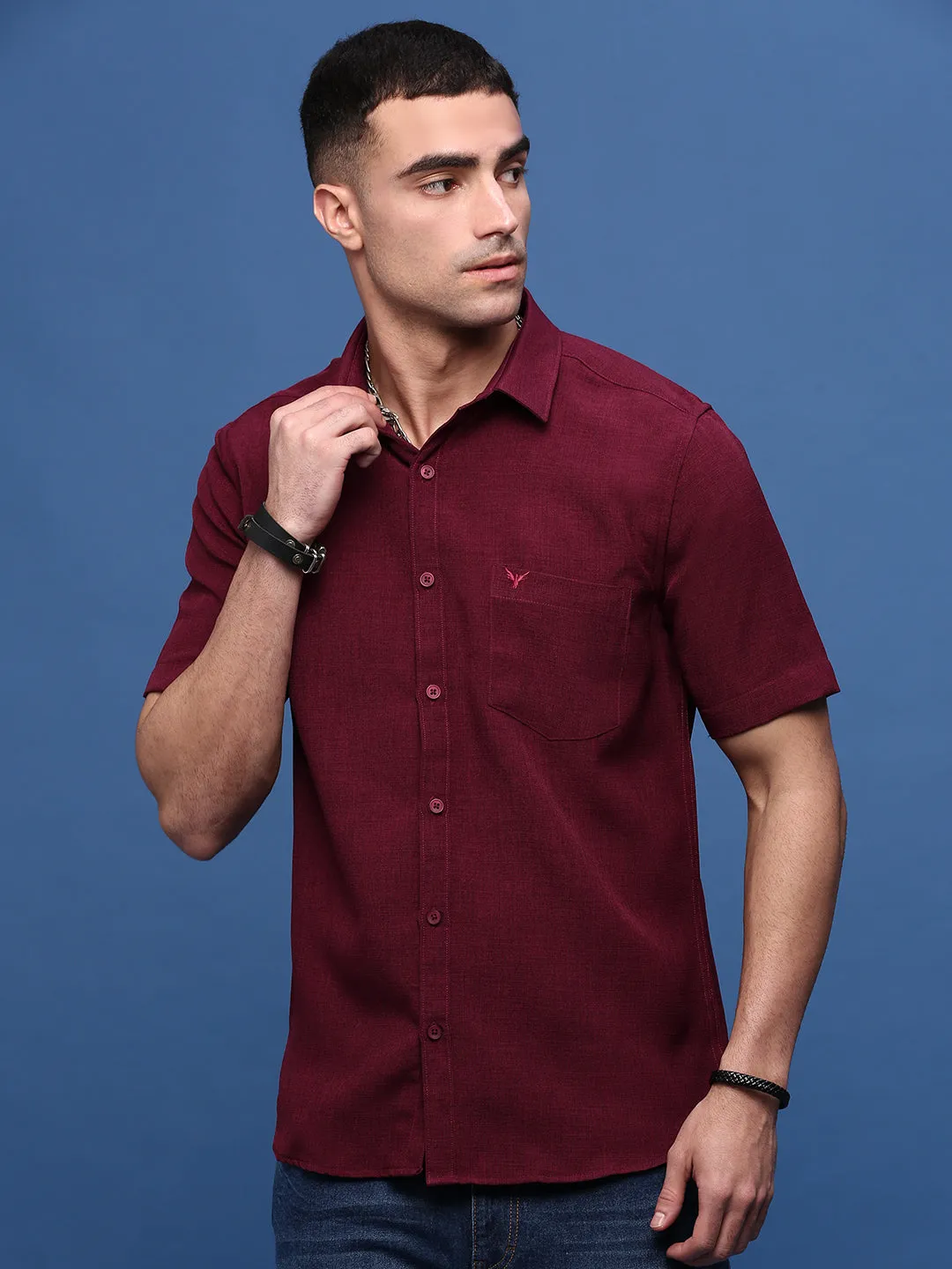 Men's Burgundy Solid Slim Fit Shirt Light Wool