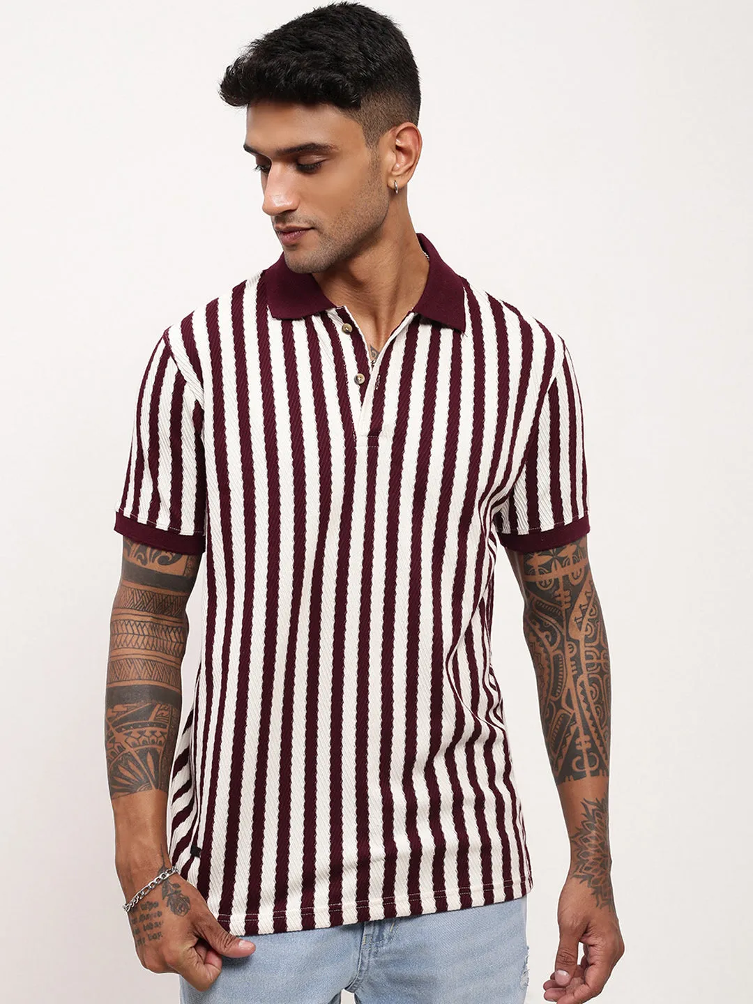 Men's Burgundy Striped Polo Collar T-Shirt Team Pride Soft Touch