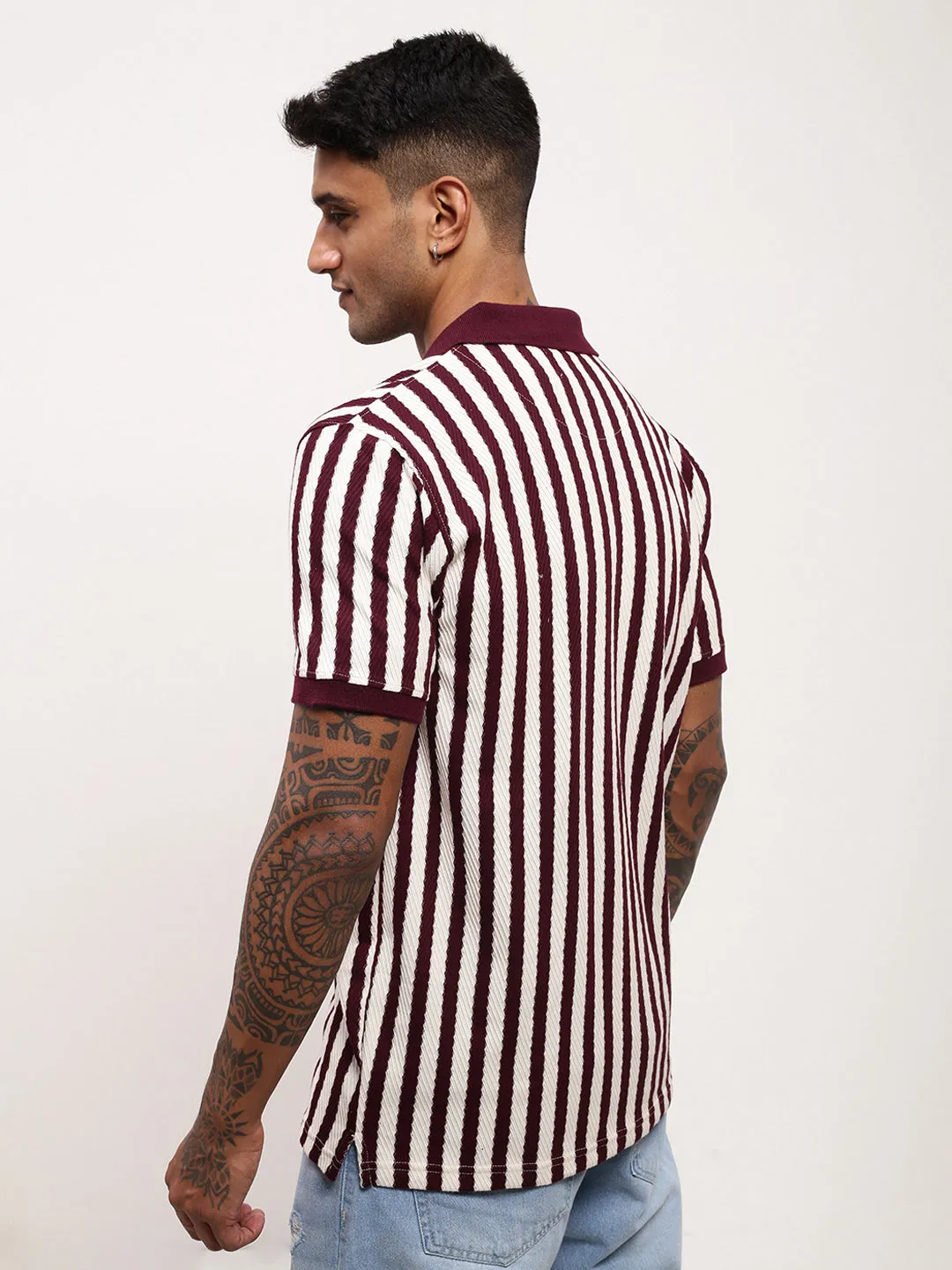 product marbled pattern Men's Burgundy Striped Polo Collar T-Shirt