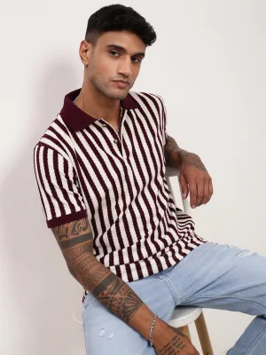 Men's Burgundy Striped Polo Collar T-Shirt Layer Bold