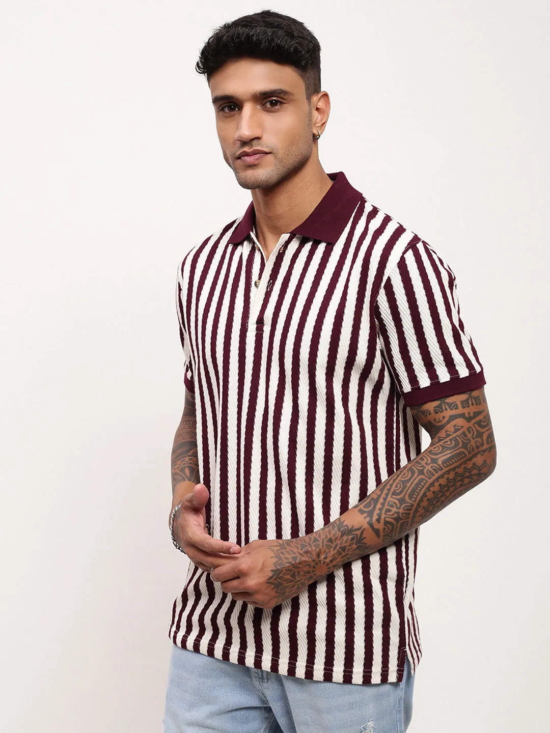 Comfort Hoodie Men's Burgundy Striped Polo Collar T-Shirt