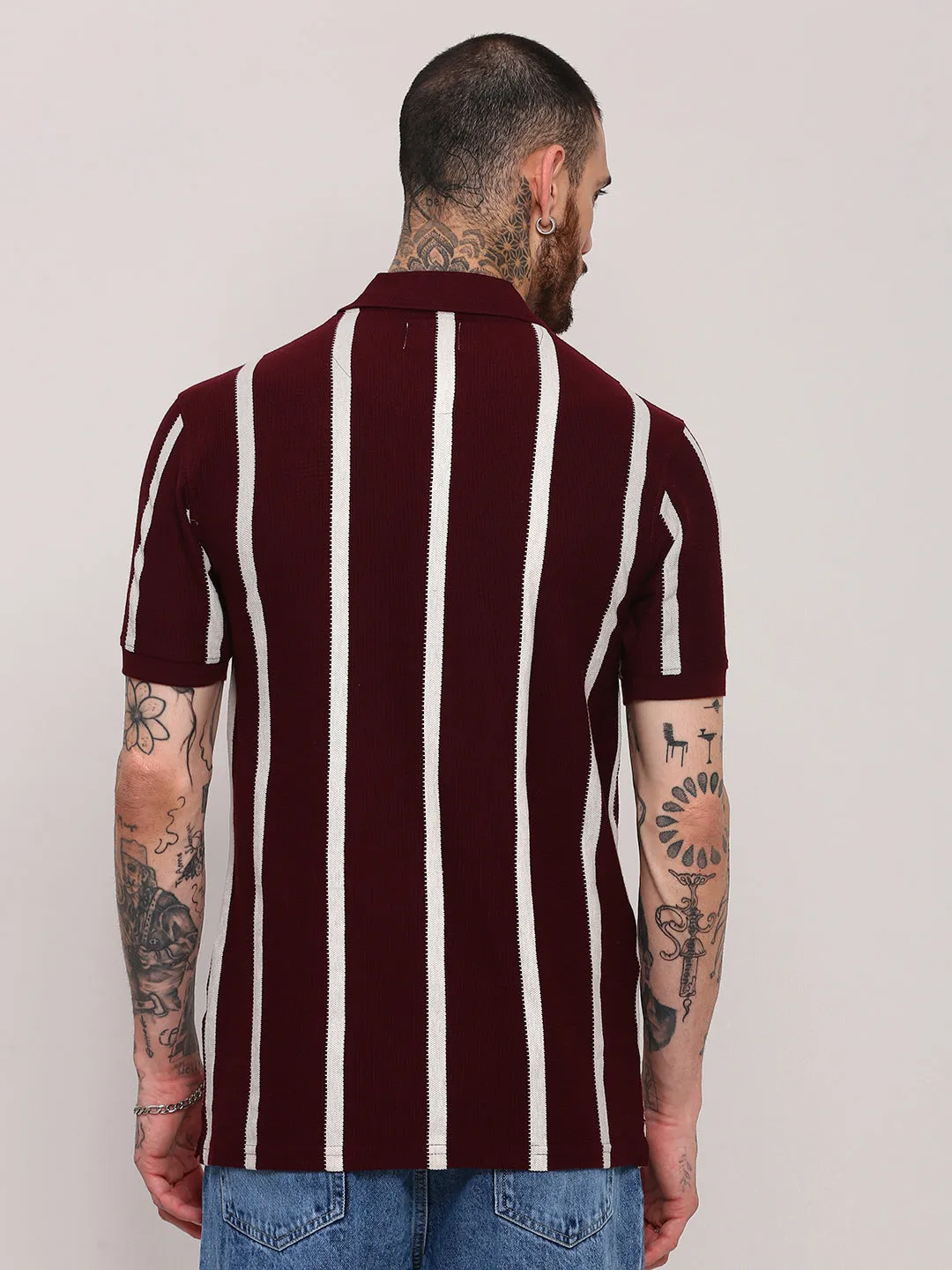 Men's Burgundy Striped T-Shirt High-Waisted Pants Comfortable Coat