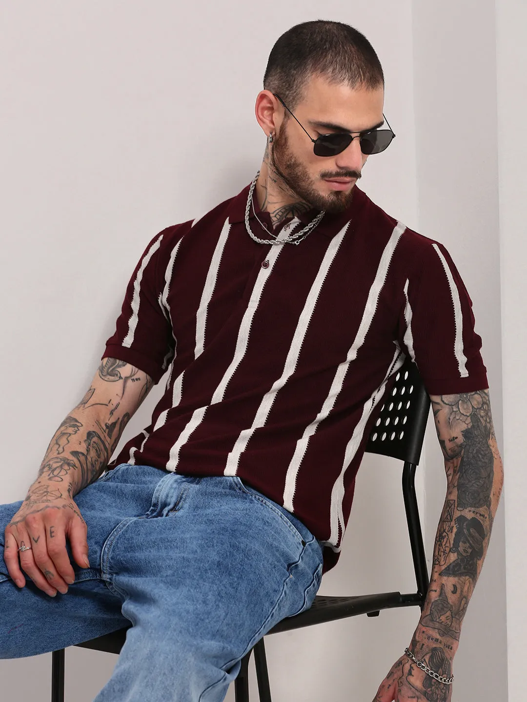 Men's Burgundy Striped T-Shirt SmoothZipper LowProfile Fasteners