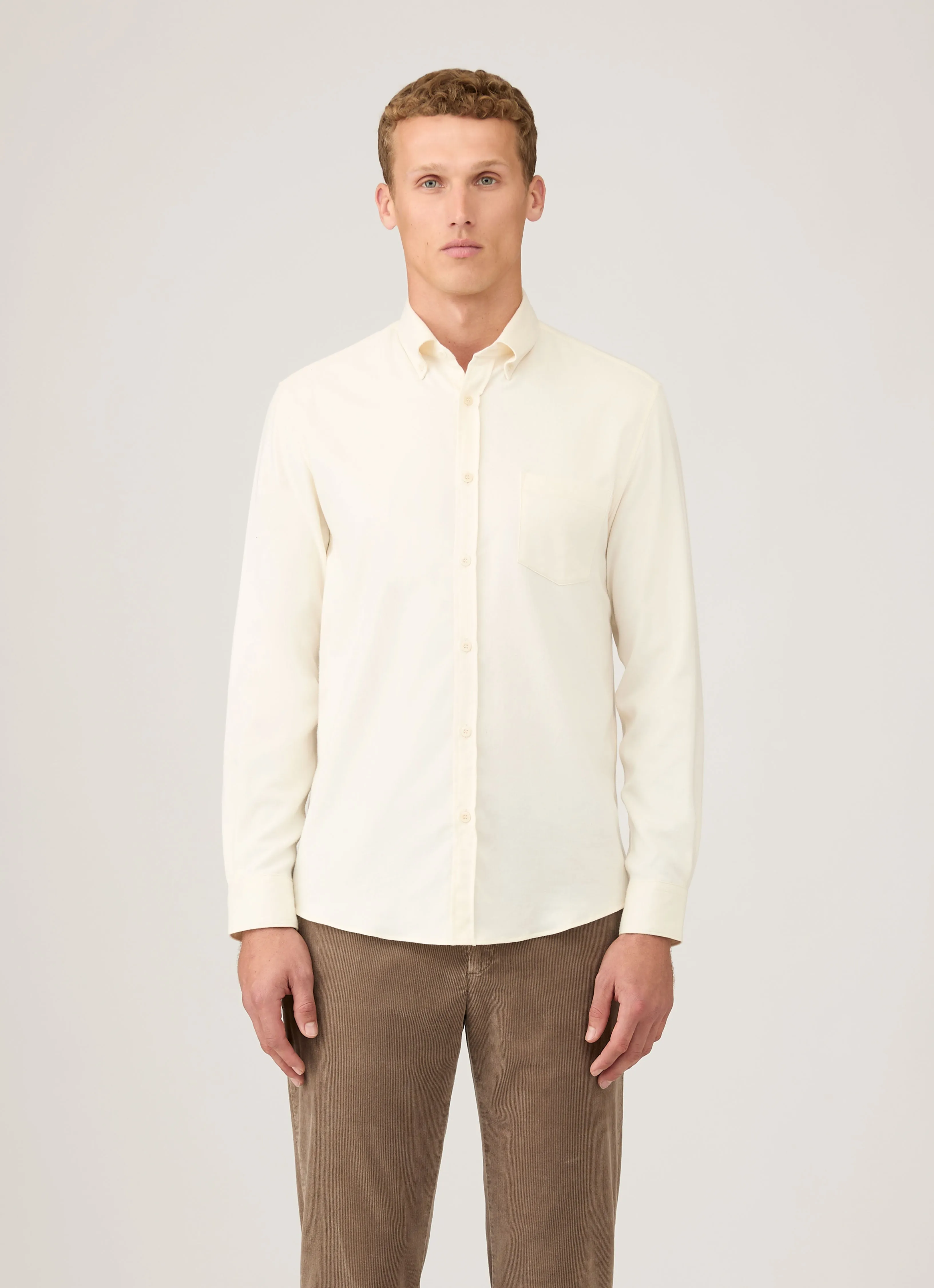 Office Casual Men's Button Down Flannel Shirt in Ecru