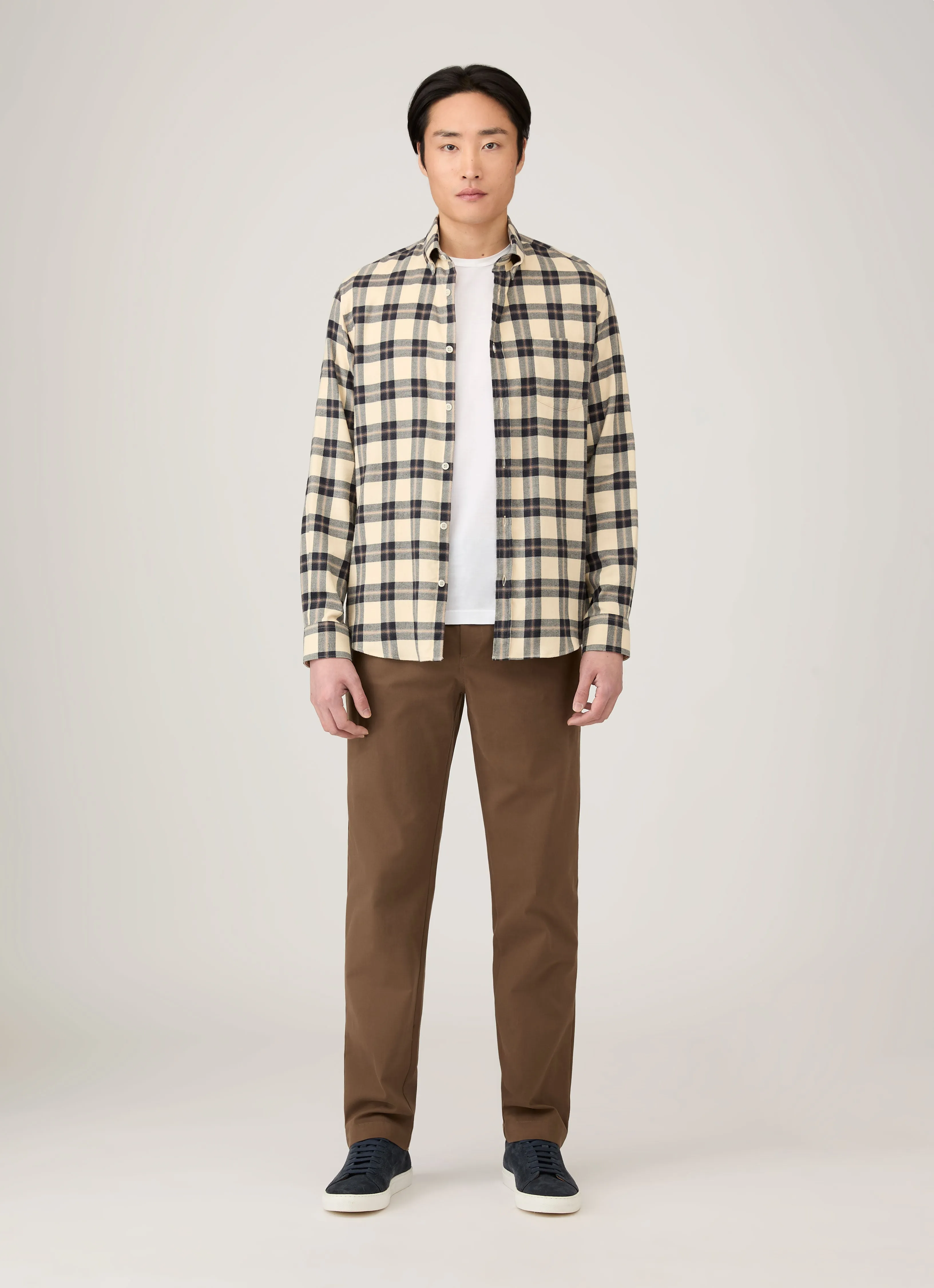 Breathable knit Men's Button Down Flannel Shirt in Truffle Check