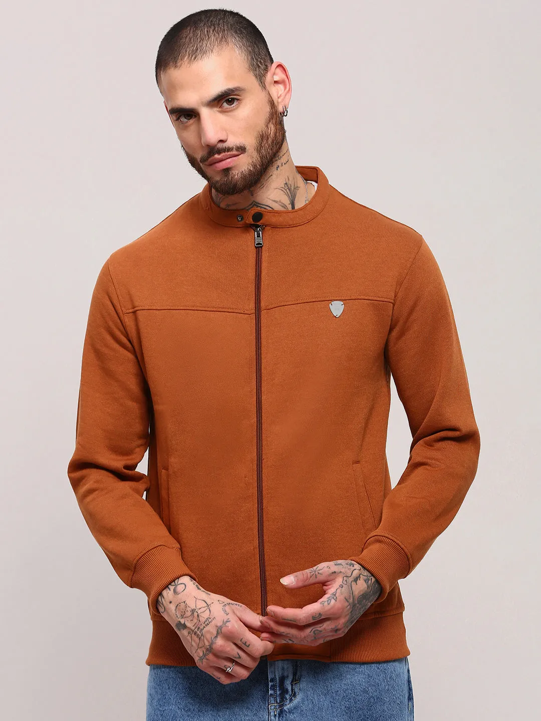 Men's Camel Brown Solid Sweatshirt Concert Look Casual Fashion