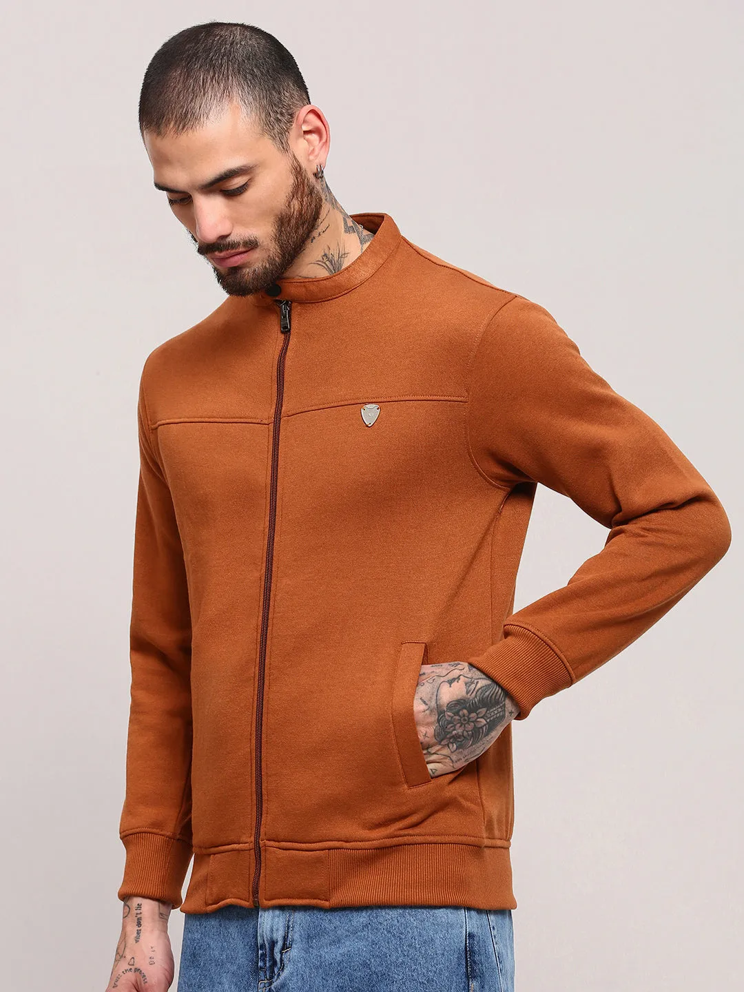 Men's Camel Brown Solid Sweatshirt Custom made Fashionable Look