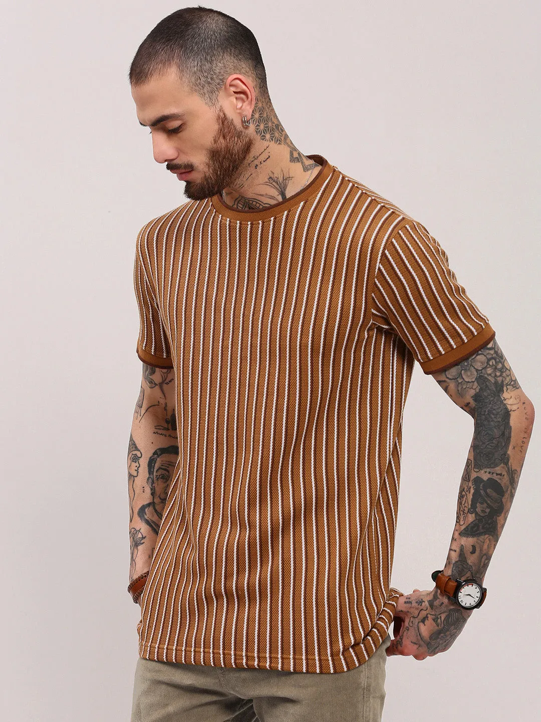 Men's Camel Brown Striped T-Shirt StretchComfort