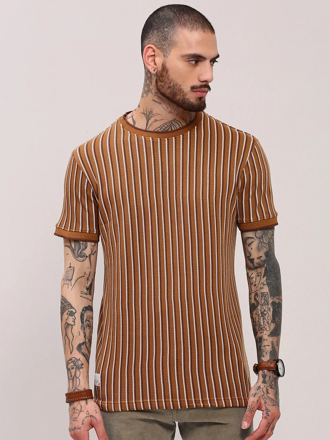OdorControlTech Relaxed Layer Men's Camel Brown Striped T-Shirt