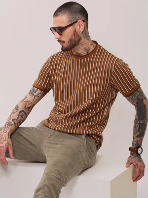 Men's Camel Brown Striped T-Shirt Durable Reinforcements