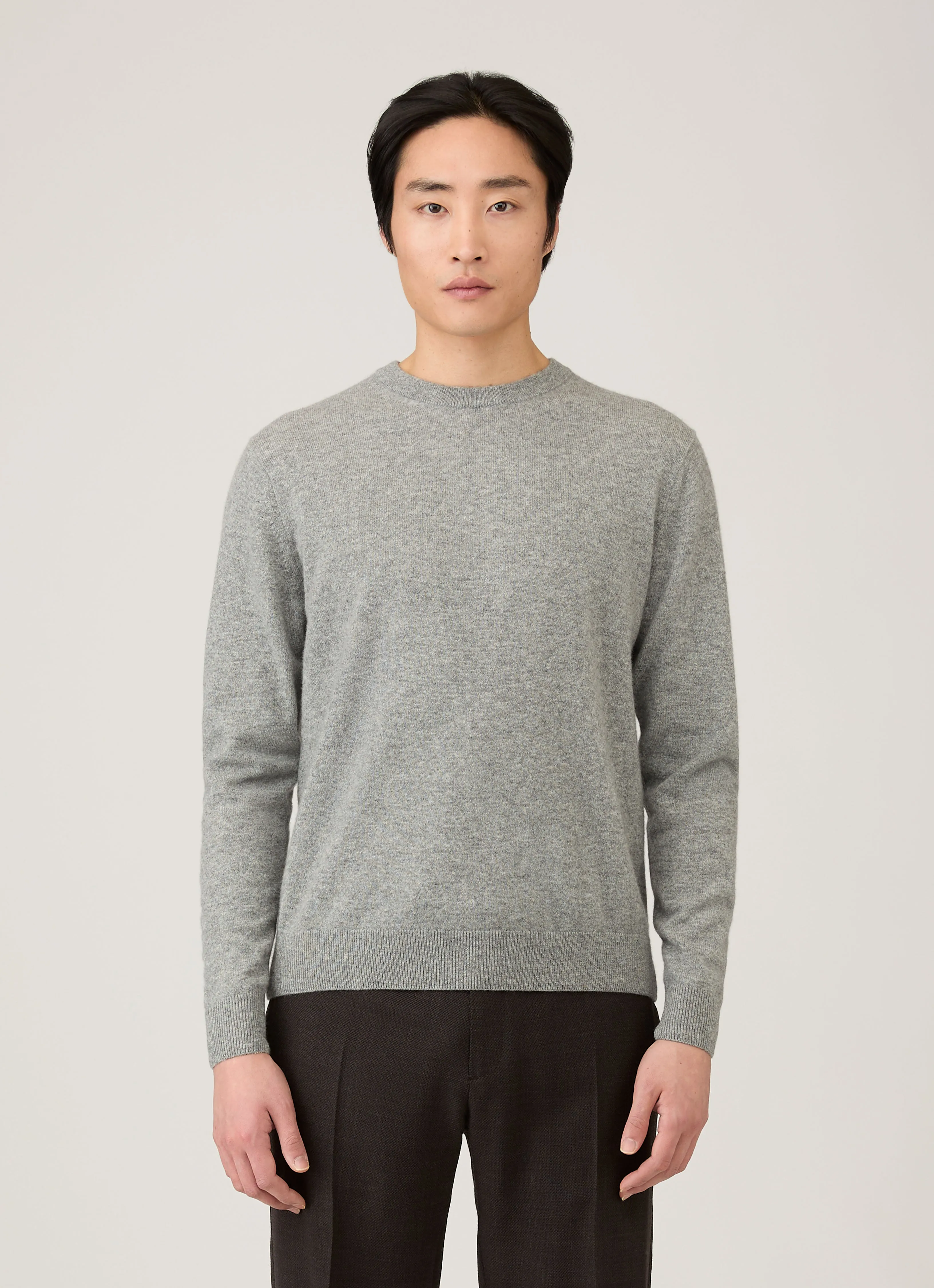 Men's Cashmere Crew Neck Jumper in Grey Melange Surface Pilling Resistant