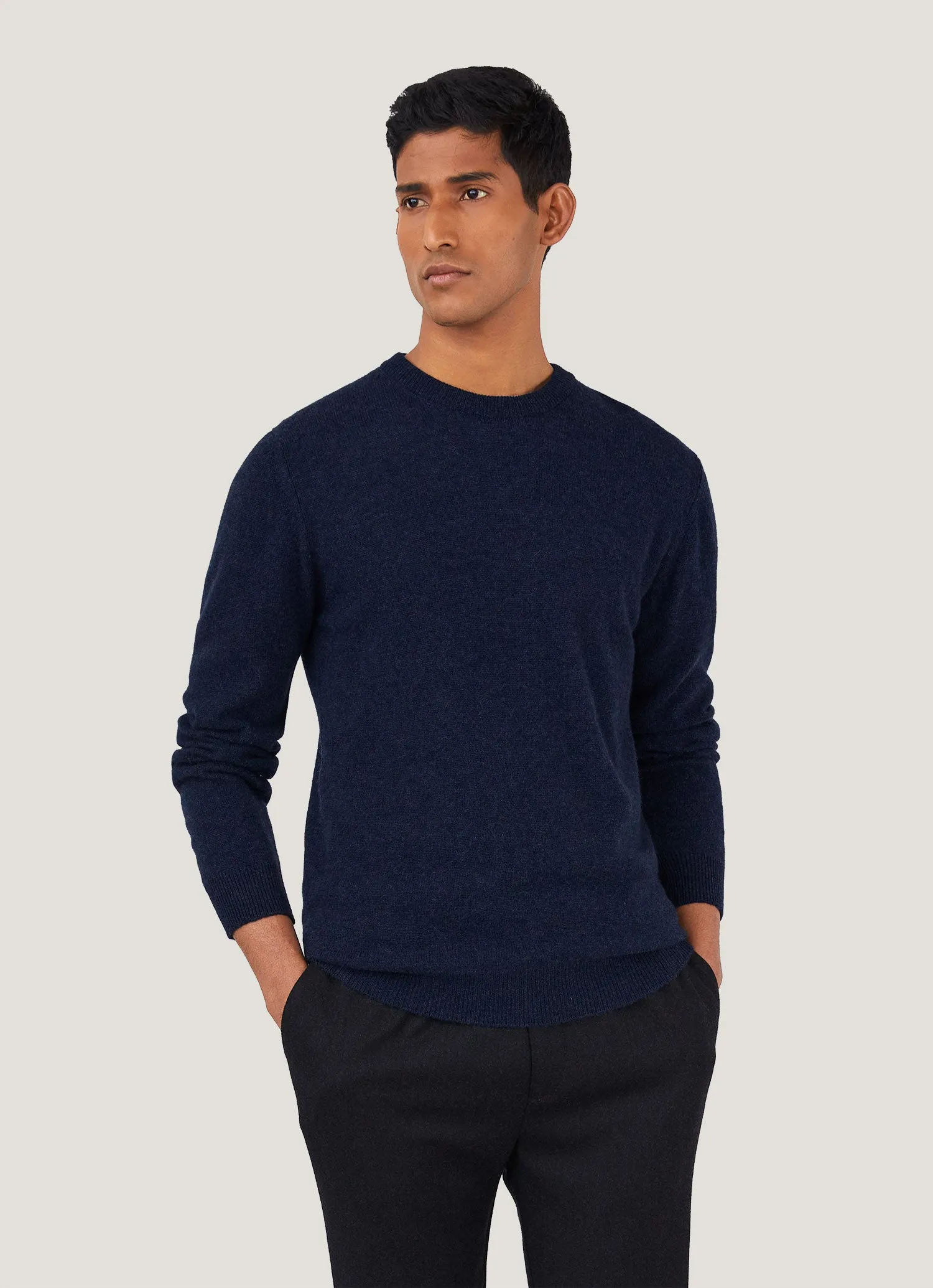 Men's Cashmere Crew Neck Jumper in Navy Melange Airflow Channel Weave Moisture Wicking Yarn