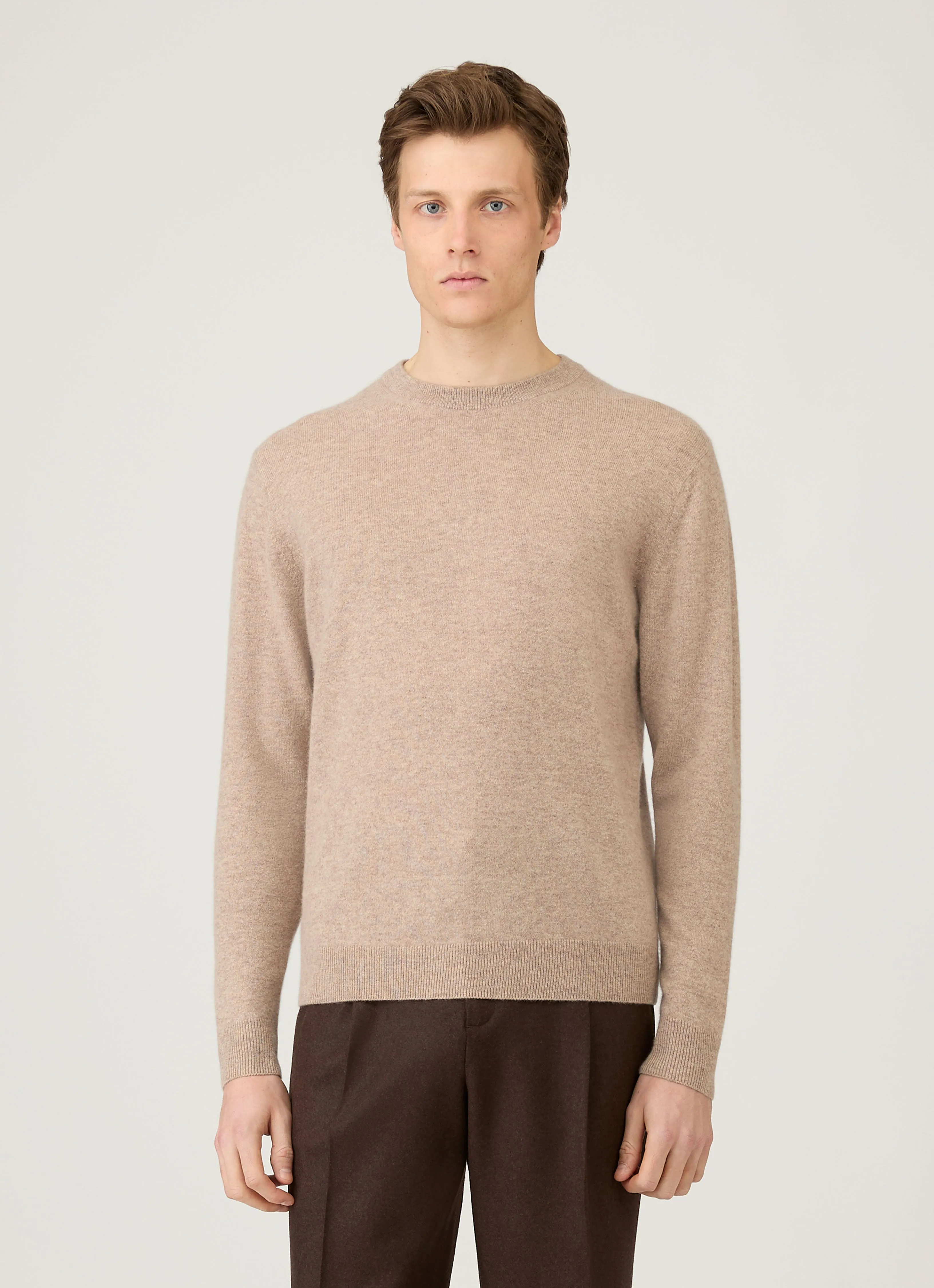 Men's Cashmere Crew Neck Jumper in Oatmeal Melange Hypoallergenic Yarn Simple Classic