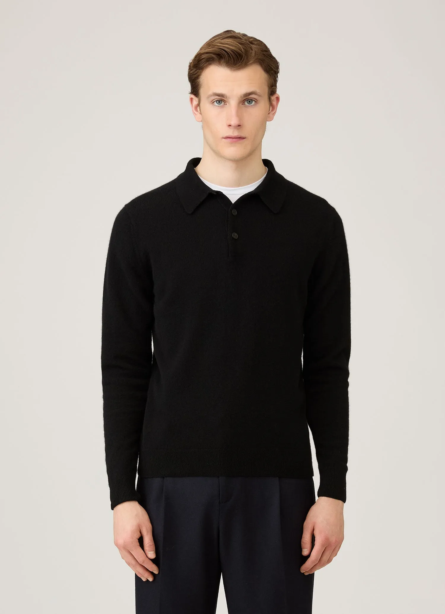 Double Layered Cuffs Flexible Ribbing Men's Cashmere Polo Shirt in Black
