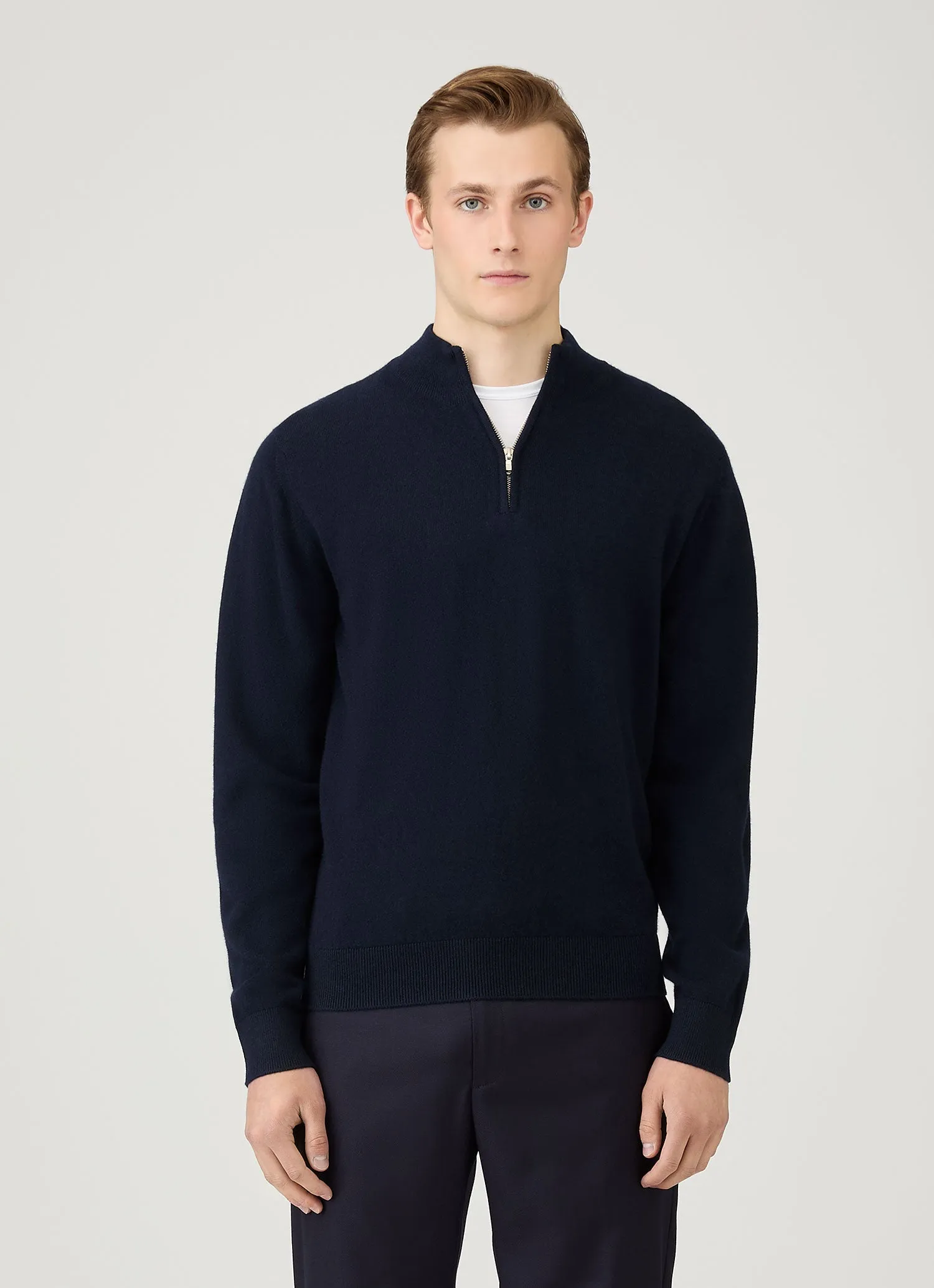 Men's Cashmere Zip Neck Jumper in Navy Stay Cozy UV Protection Finish
