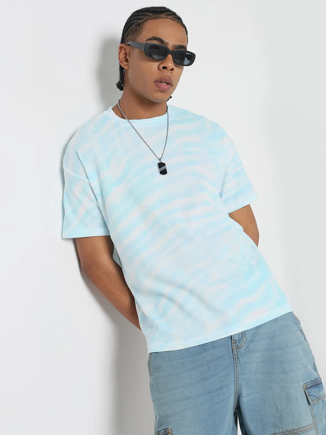 NoRubEdging Men's Casual Blue Tie & Dye T-Shirt