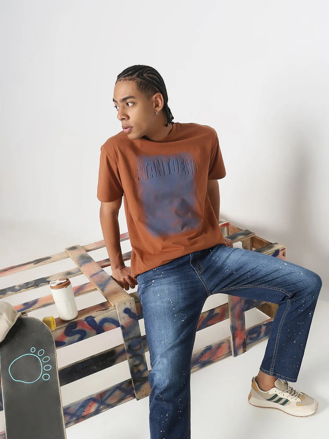 Men's Casual Brown & Purple Vintage Wash T-Shirt Flatlock stitching