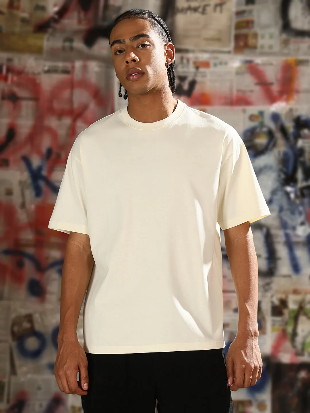 Men's Casual Cream Solid T-Shirt Seasonal Style